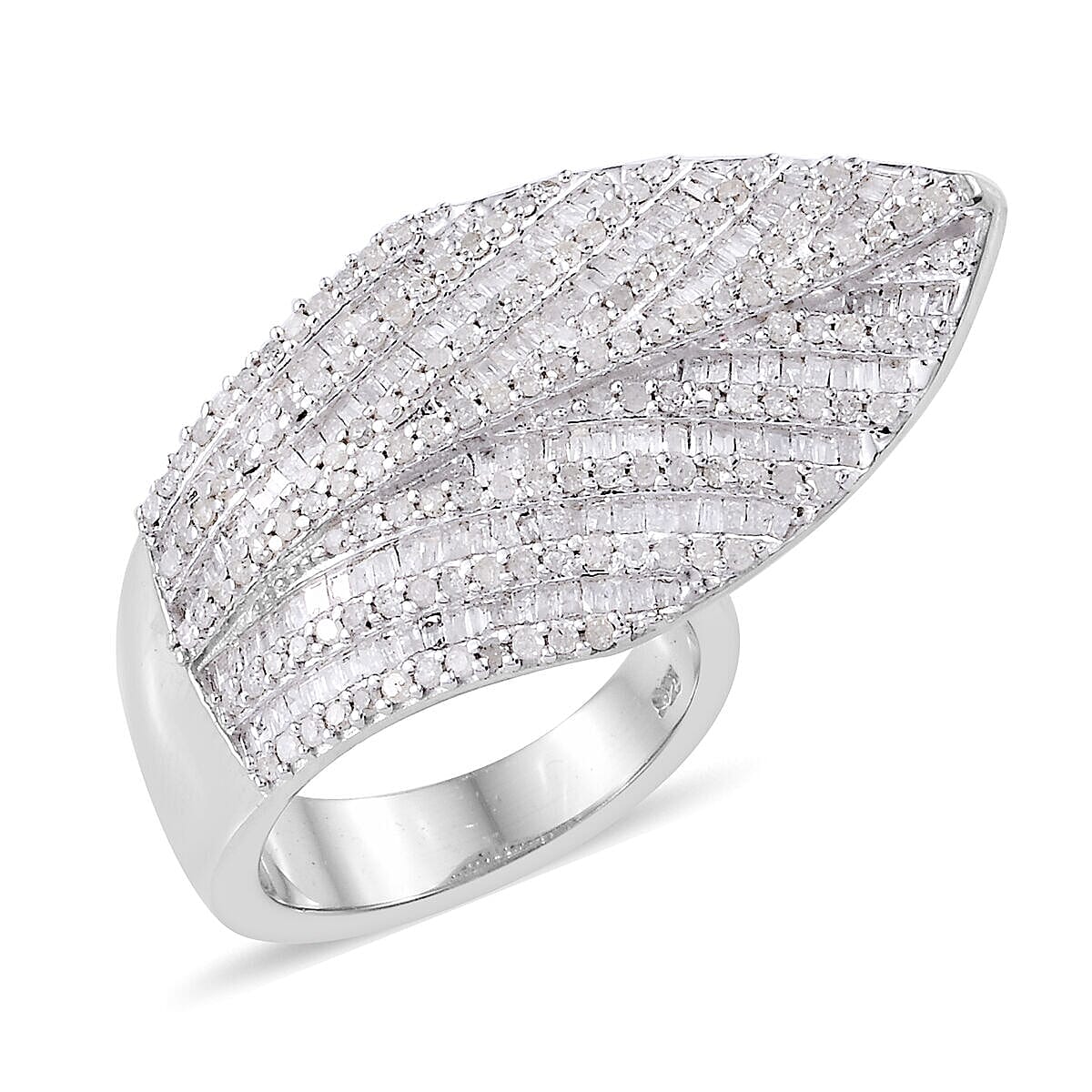 Designer Inspired- Diamond (Rnd) Feather Ring in Platinum Overlay Sterling Silver 1.500  Ct, Silver wt 10.36 Gms, Number of Diamonds 387.