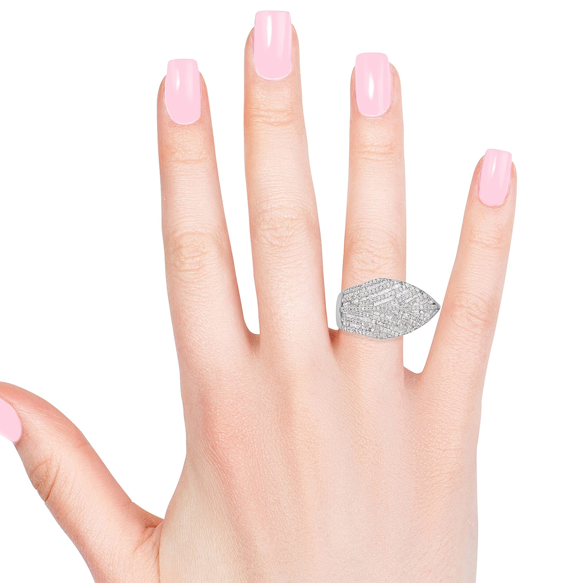 Designer Inspired- Diamond (Rnd) Feather Ring in Platinum Overlay Sterling Silver 1.500  Ct, Silver wt 10.36 Gms, Number of Diamonds 387.