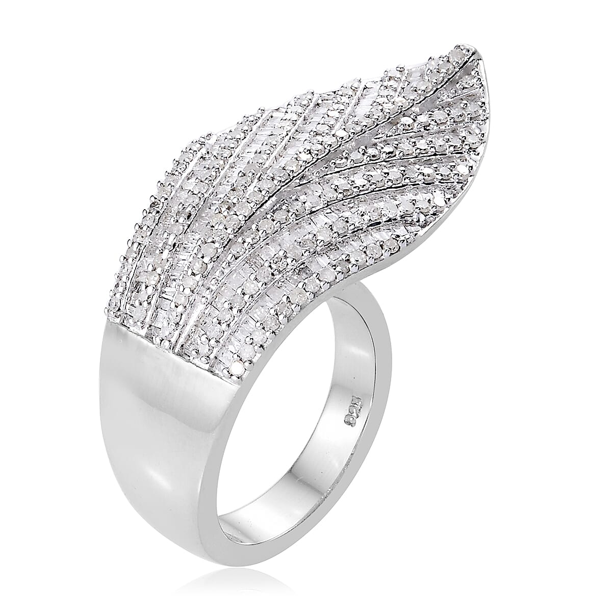 Designer Inspired- Diamond (Rnd) Feather Ring in Platinum Overlay Sterling Silver 1.500  Ct, Silver wt 10.36 Gms, Number of Diamonds 387.