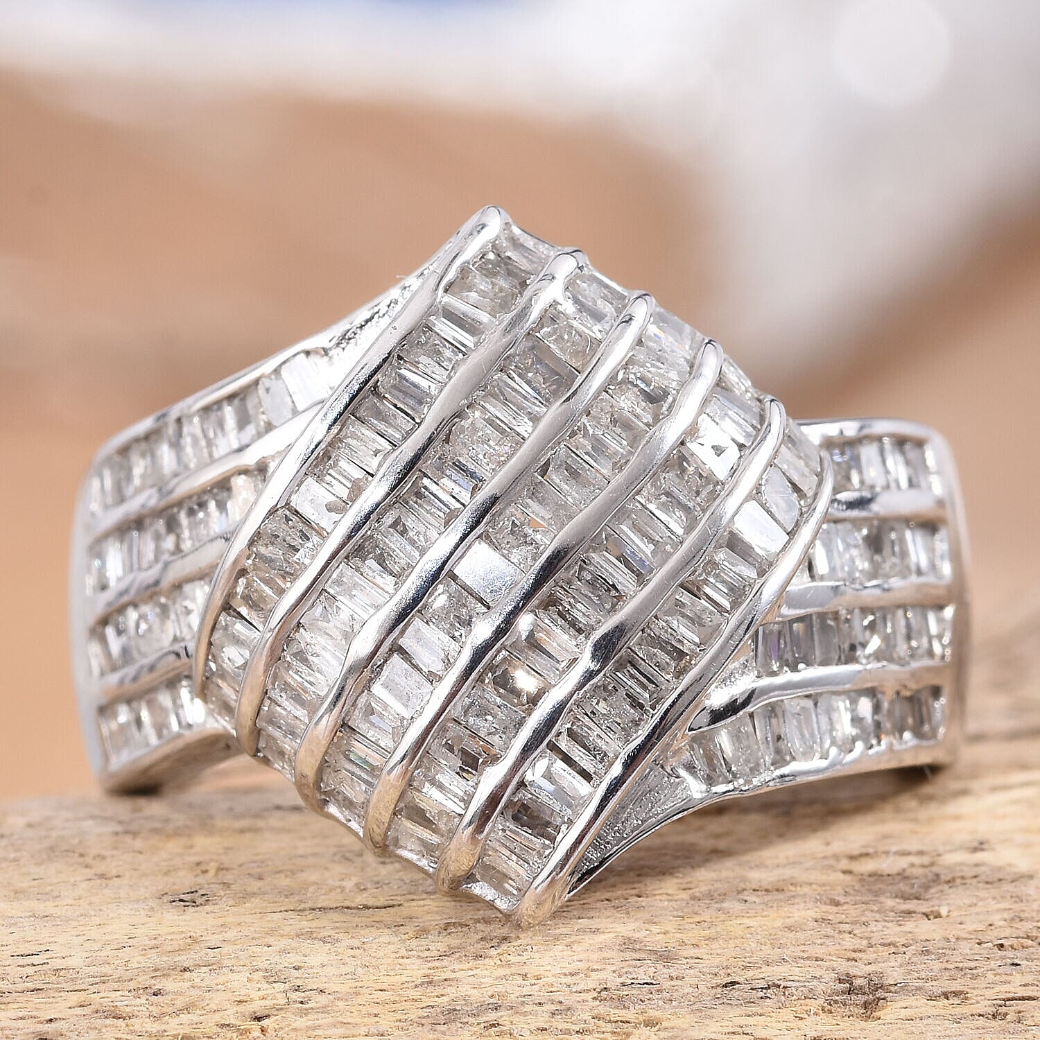 Designer Inspired- Diamond (Bgt) Ring in Platinum Overlay Sterling Silver 1.000 Ct,