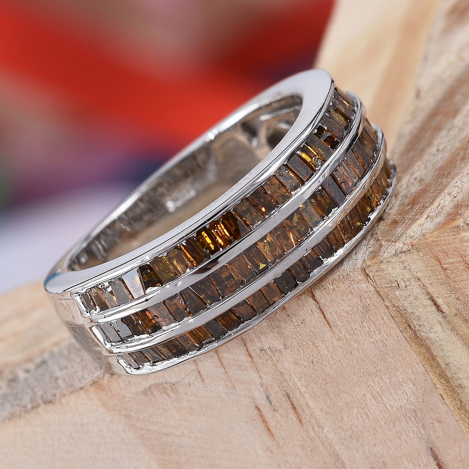 Red Diamond (Bgt) Band Ring in Platinum Overlay Sterling Silver 0.750 Ct.