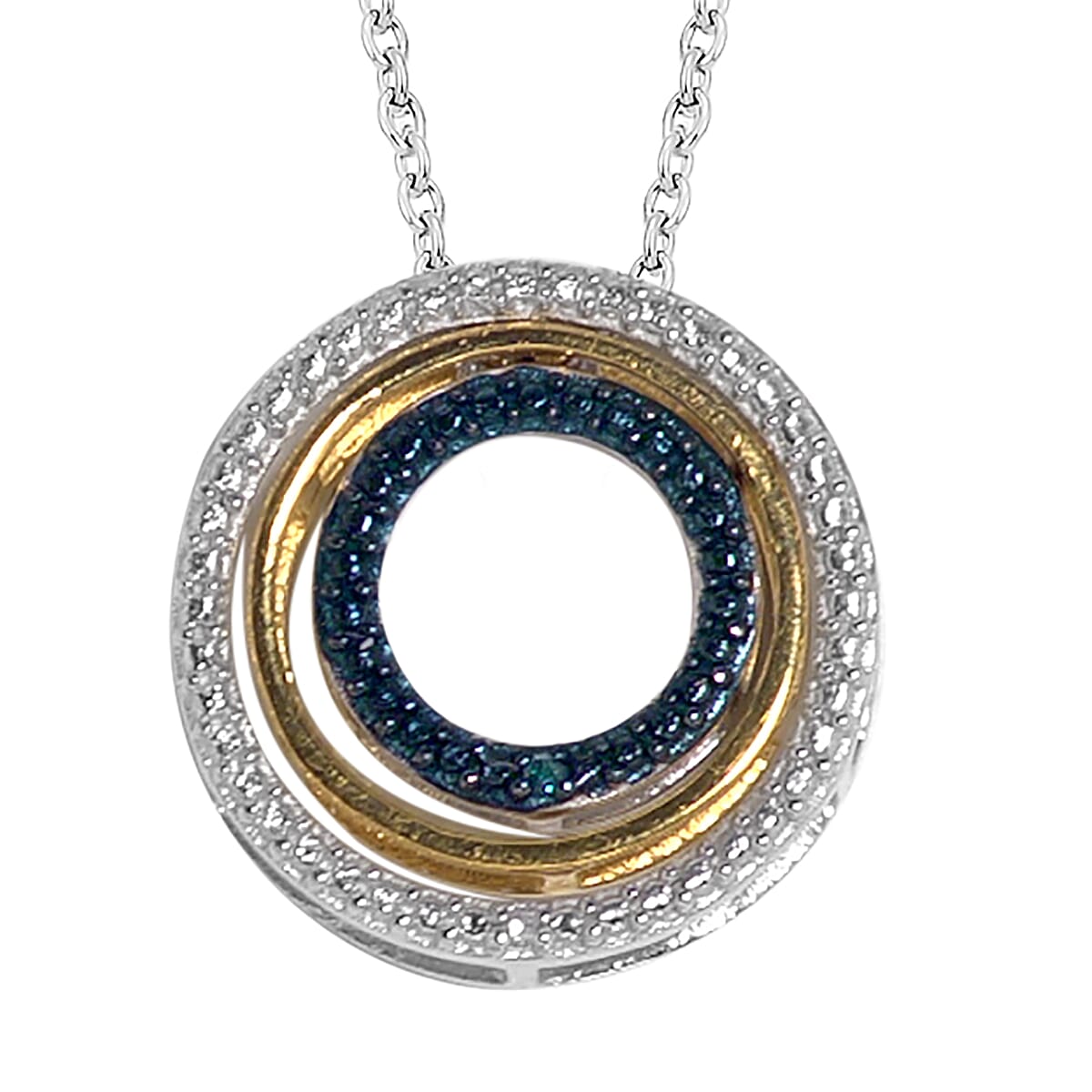 Designer Inspired - Blue and White Diamond (Rnd) Triple Circle Pendant With Chain (Size 18) in Platinum Overlay Sterling Silver