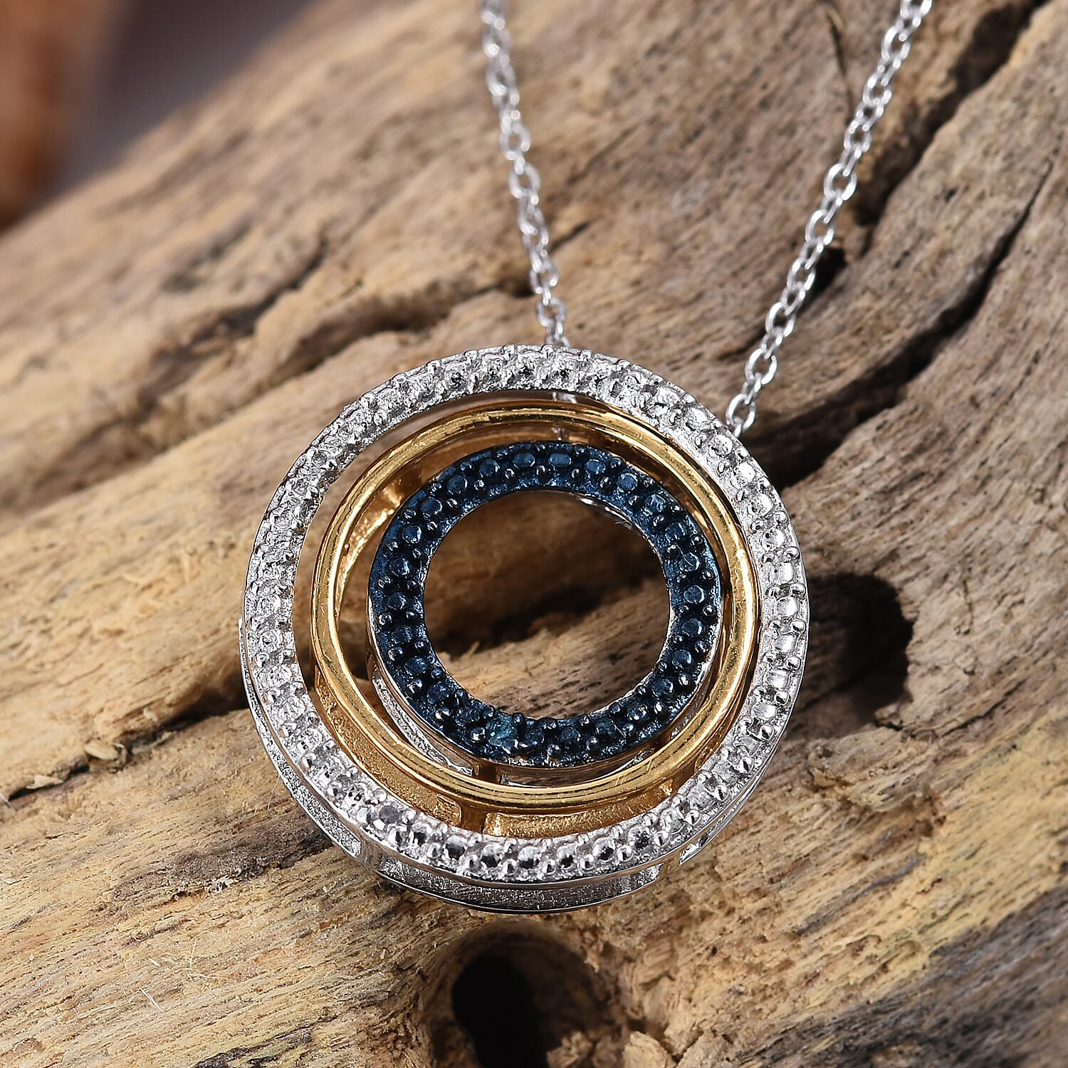 Designer Inspired - Blue and White Diamond (Rnd) Triple Circle Pendant With Chain (Size 18) in Platinum Overlay Sterling Silver