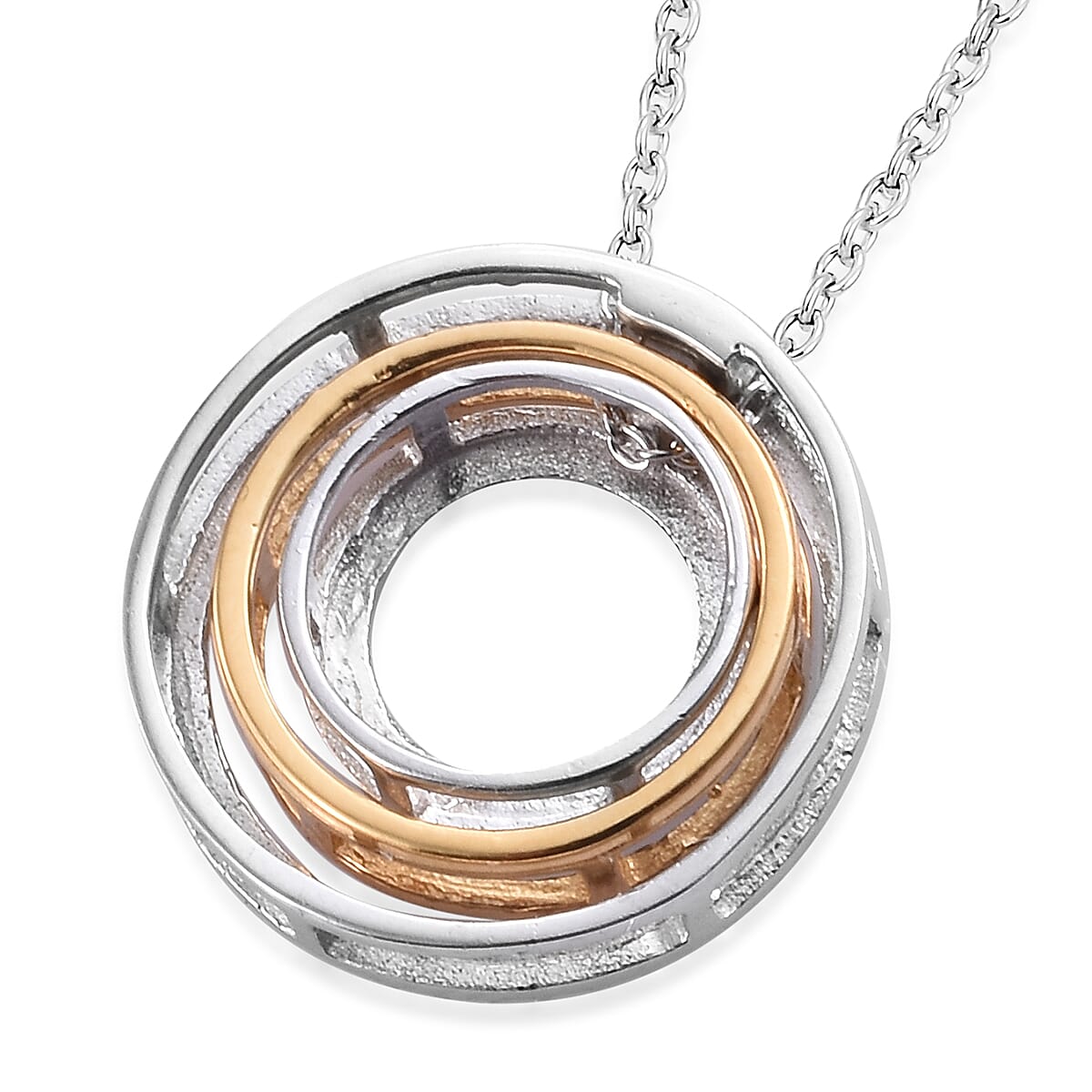 Designer Inspired - Blue and White Diamond (Rnd) Triple Circle Pendant With Chain (Size 18) in Platinum Overlay Sterling Silver