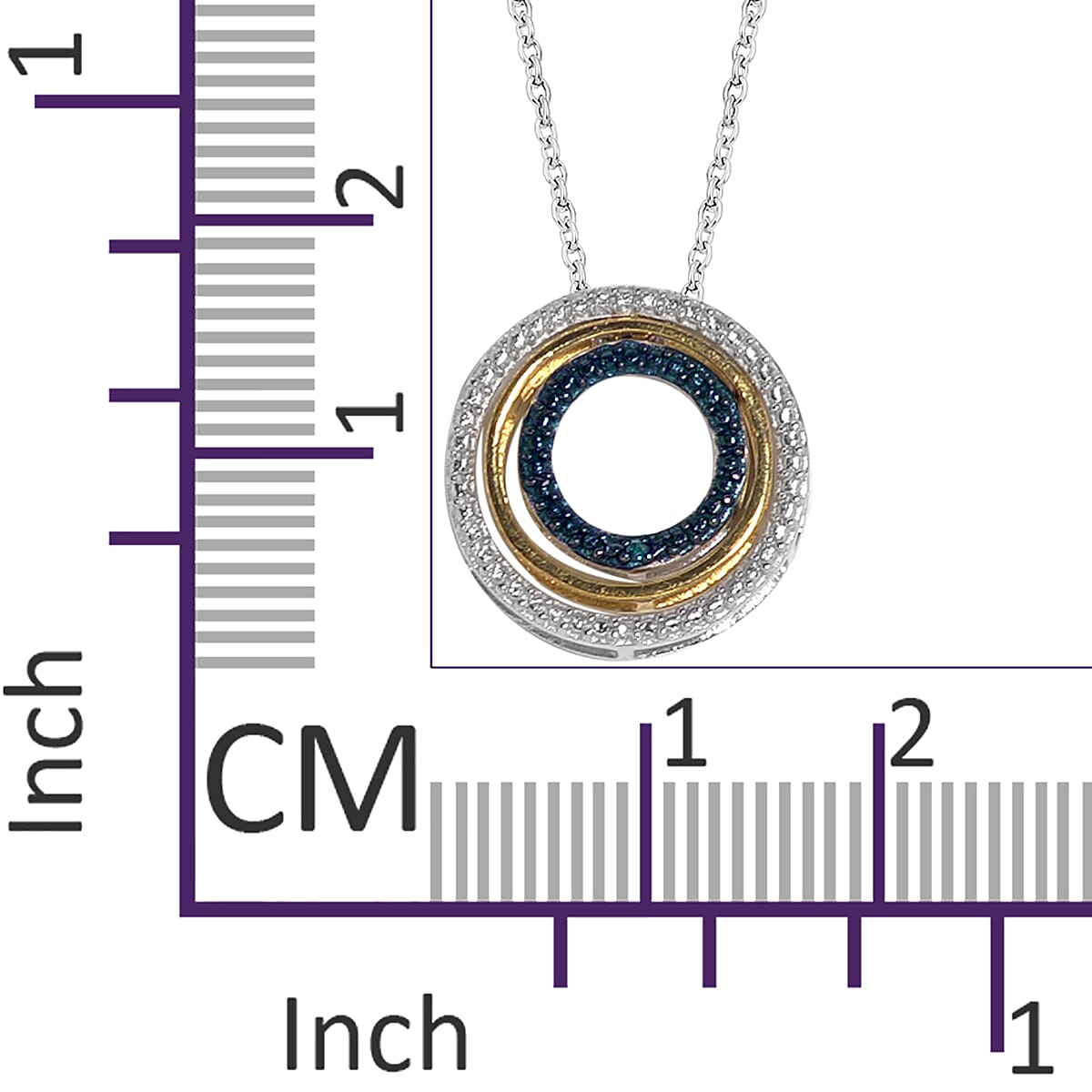 Designer Inspired - Blue and White Diamond (Rnd) Triple Circle Pendant With Chain (Size 18) in Platinum Overlay Sterling Silver