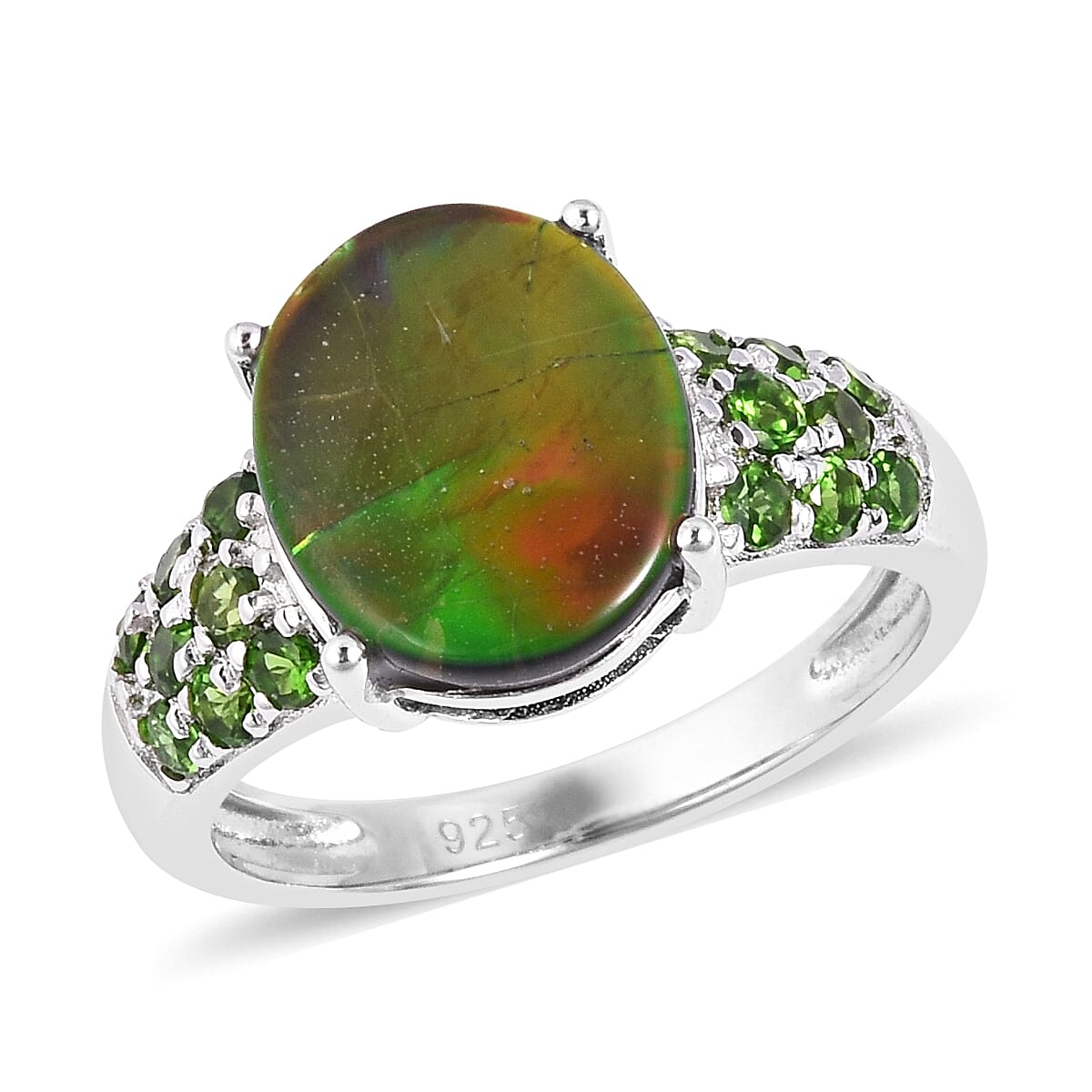 AA Canadian Ammolite (Ovl 3.25 Ct), Chrome Diopside Ring in Rhodium Overlay Sterling Silver 3.860 Ct.