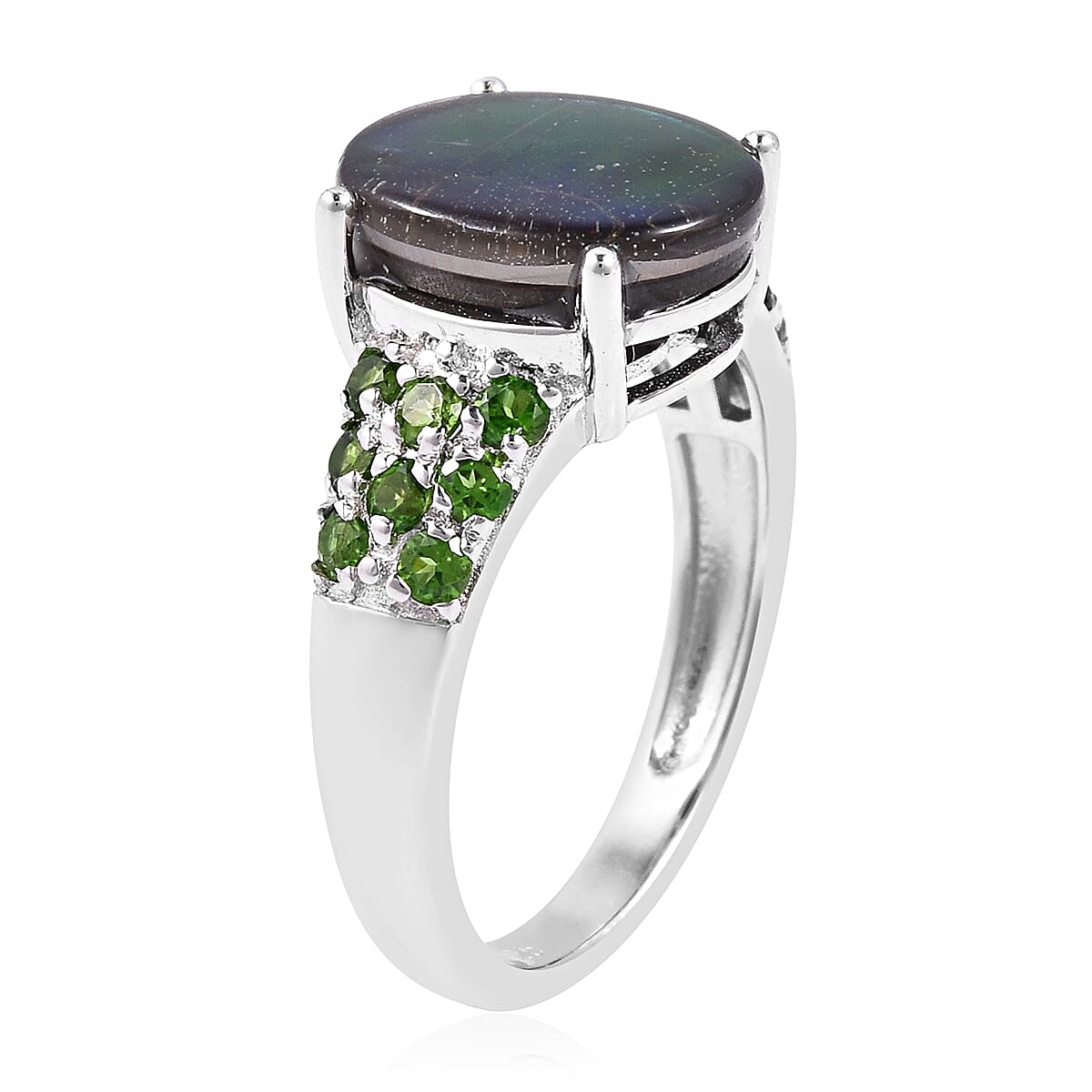 AA Canadian Ammolite (Ovl 3.25 Ct), Chrome Diopside Ring in Rhodium Overlay Sterling Silver 3.860 Ct.