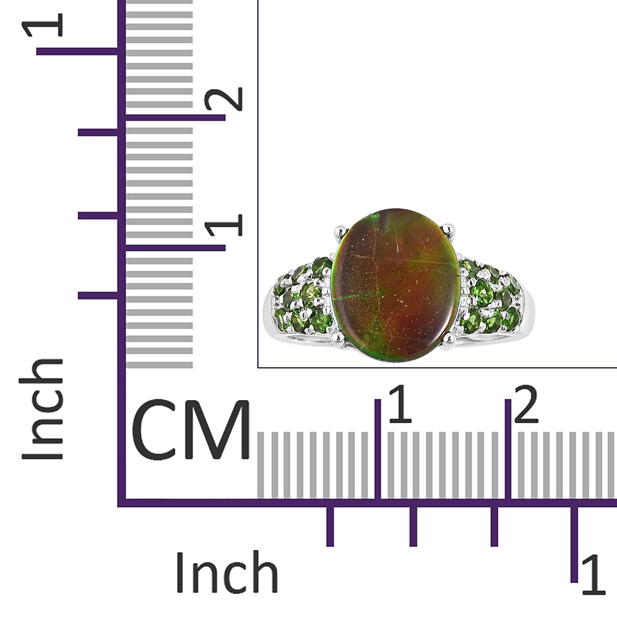 AA Canadian Ammolite (Ovl 3.25 Ct), Chrome Diopside Ring in Rhodium Overlay Sterling Silver 3.860 Ct.