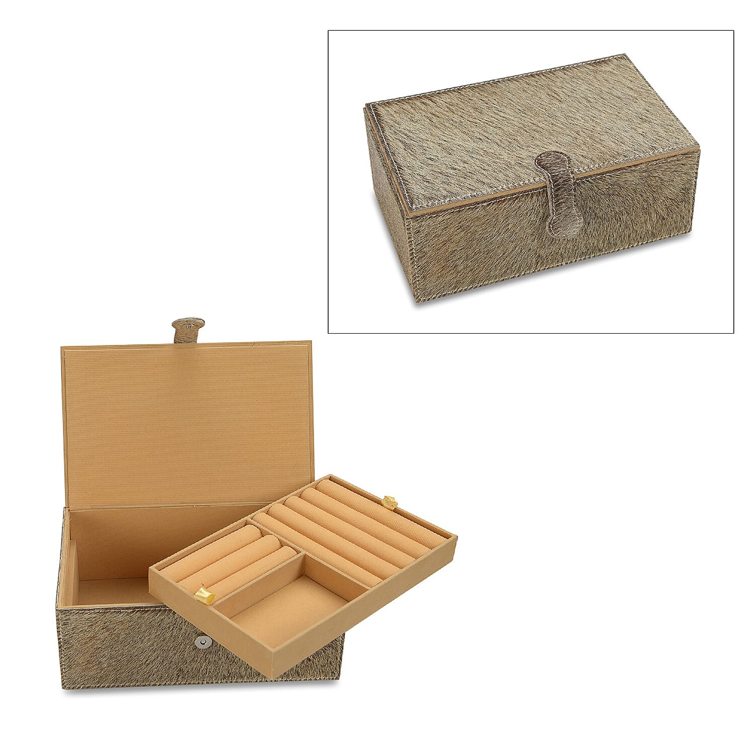 2-Tier Light Grey   Leather Jewellery Box with Magnetic Flap Closure and Velvet Lining (Size 24x14x9 Cm)