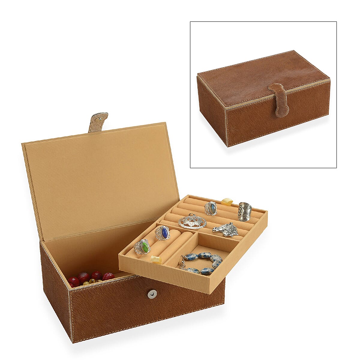 2-Tier Camel Brown  Natural Leather Jewellery Box with Magnetic Flap Closure and Velvet Lining (Size 24x14x9 Cm)