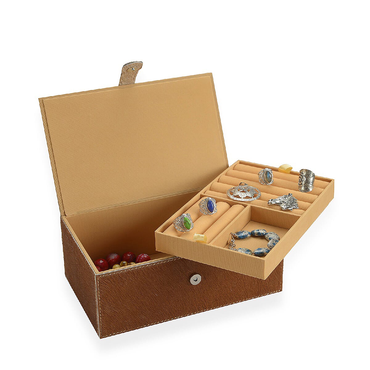 2-Tier Camel Brown  Natural Leather Jewellery Box with Magnetic Flap Closure and Velvet Lining (Size 24x14x9 Cm)