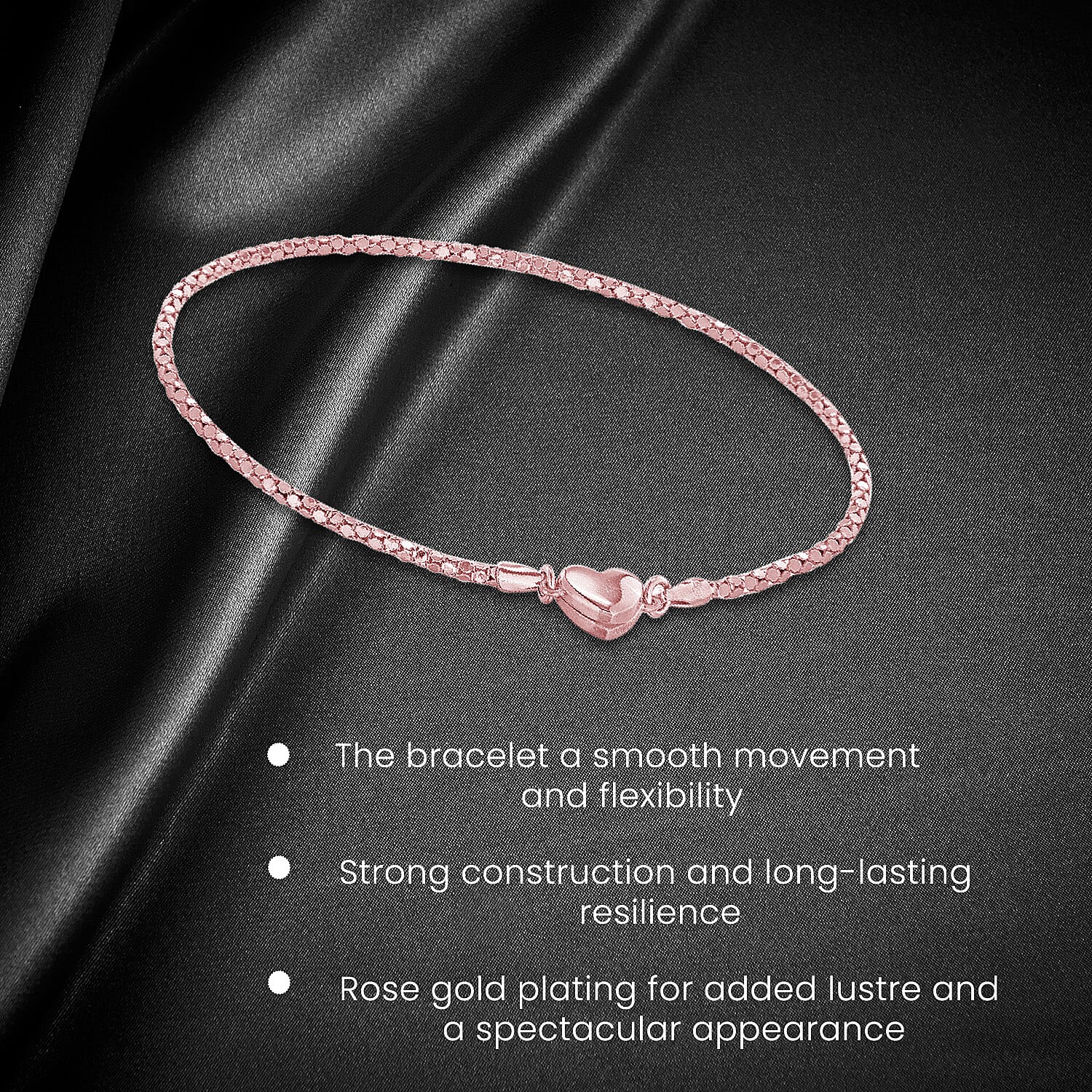 Rose Gold Overlay Sterling Silver Magnetic Heart Popcorn Chain Bracelet (Size 7.5) with Magnetic Lock