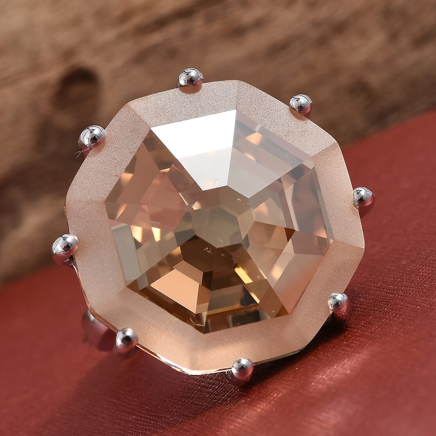 Lustro Stella -  Golden Shadow Crystal (Hexagon 23 mm) Ring in Platinum Overlay Sterling Silver, Silver wt 6.9 Gms.