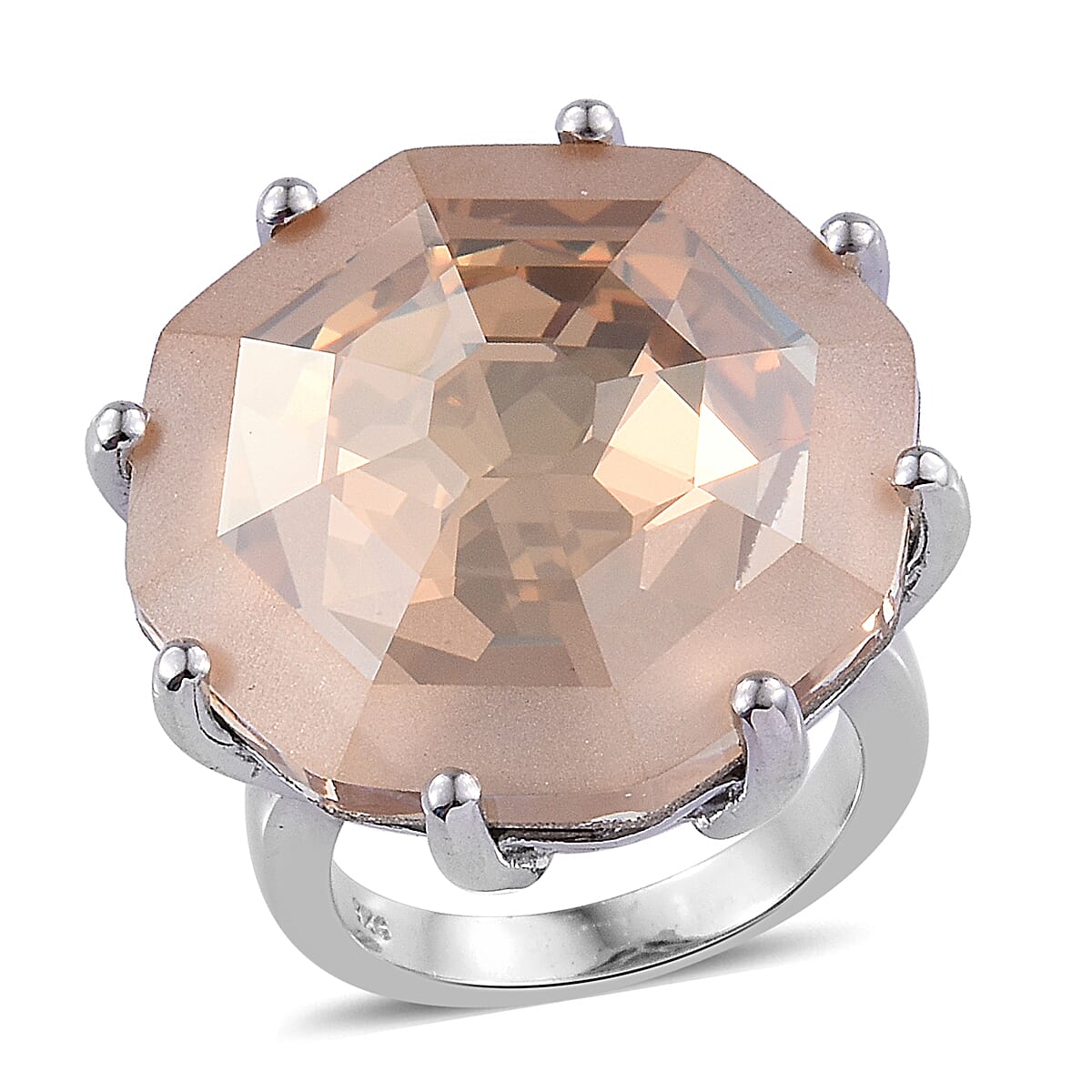 Lustro Stella -  Golden Shadow Crystal (Hexagon 23 mm) Ring in Platinum Overlay Sterling Silver, Silver wt 6.9 Gms.