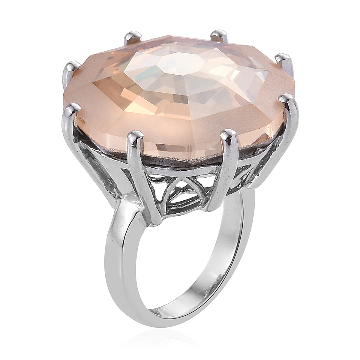 Lustro Stella -  Golden Shadow Crystal (Hexagon 23 mm) Ring in Platinum Overlay Sterling Silver, Silver wt 6.9 Gms.
