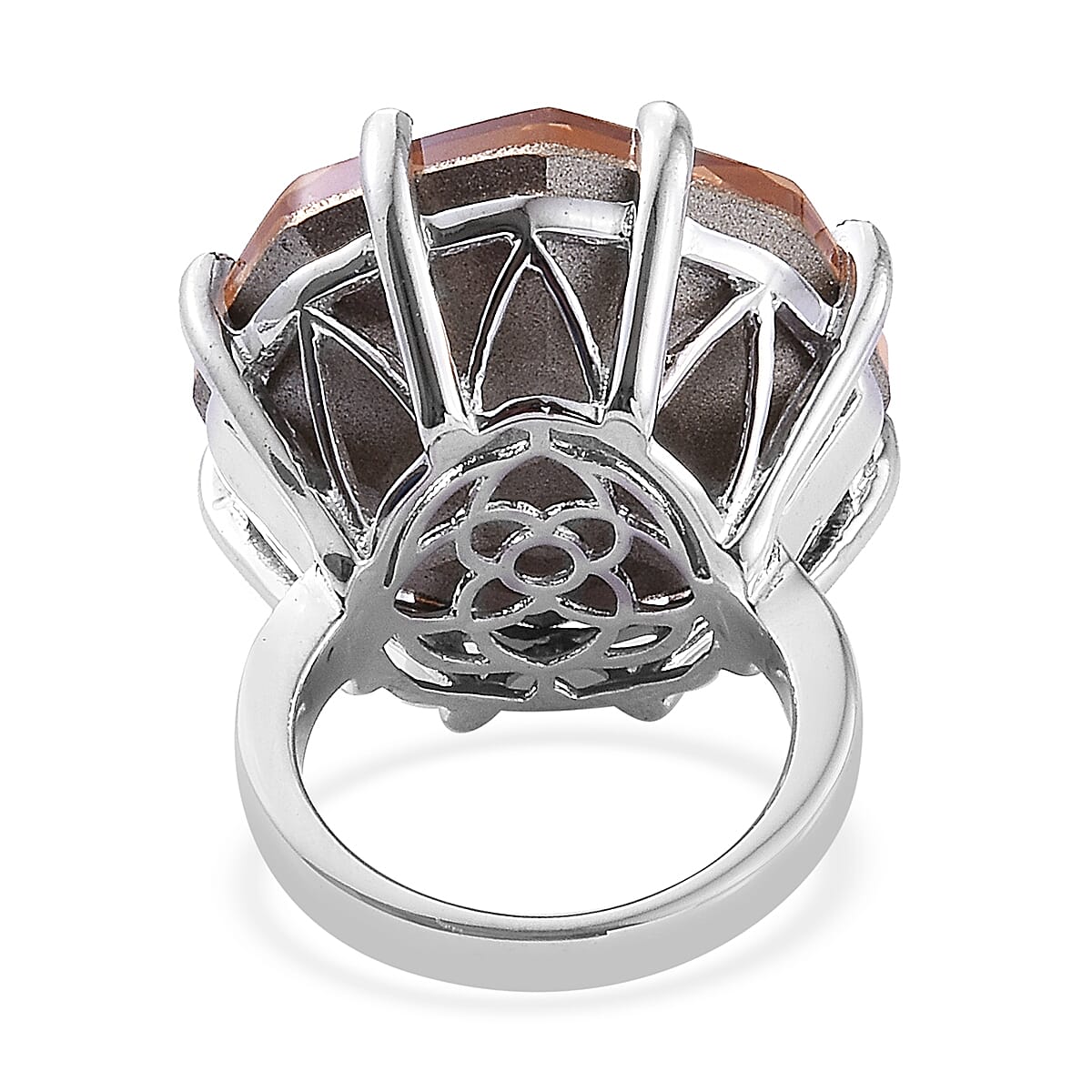 Lustro Stella -  Golden Shadow Crystal (Hexagon 23 mm) Ring in Platinum Overlay Sterling Silver, Silver wt 6.9 Gms.