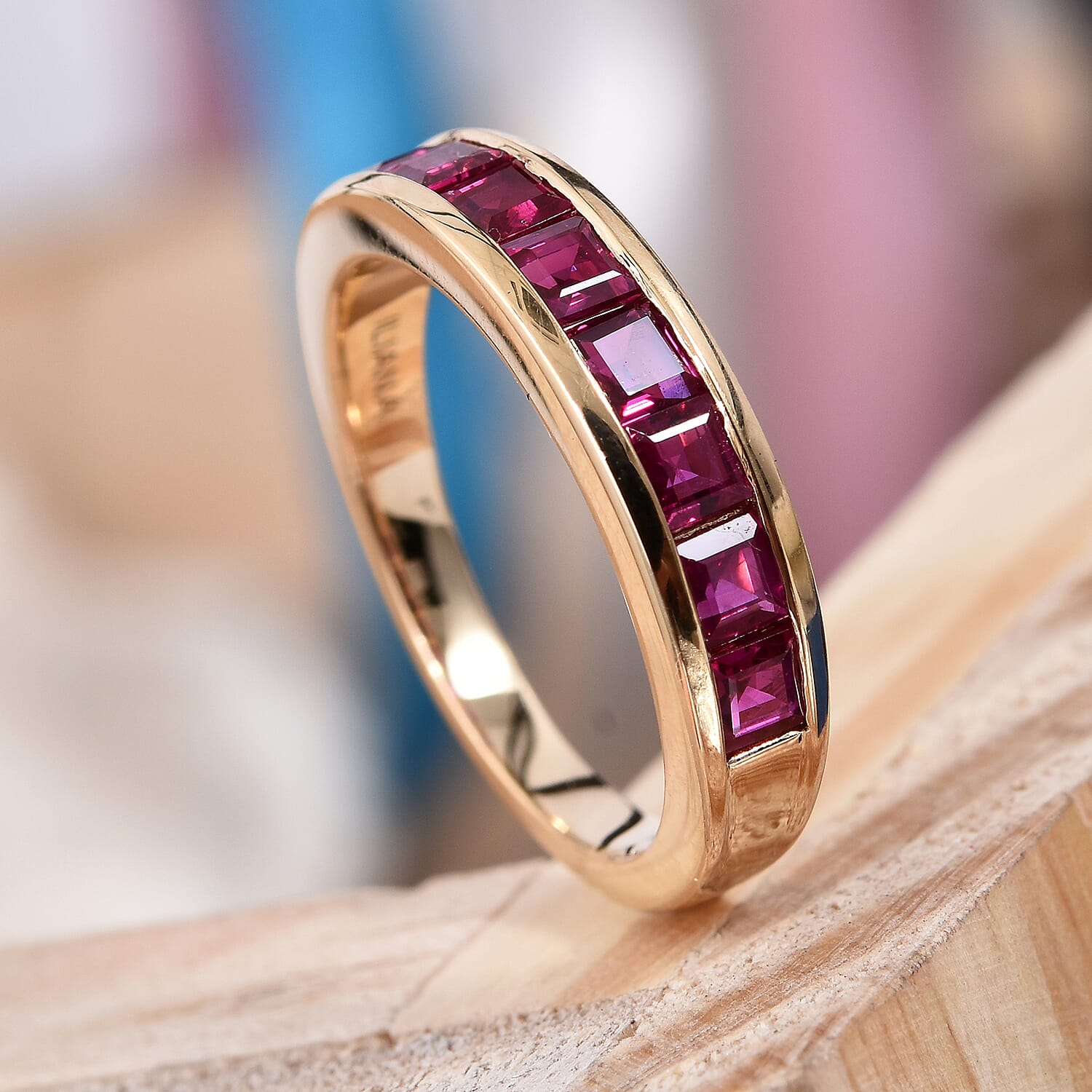 ILIANA 18K Yellow Gold AAAA Ruby (Princess Cut) Half Eternity Band Ring 1.500  Ct.
