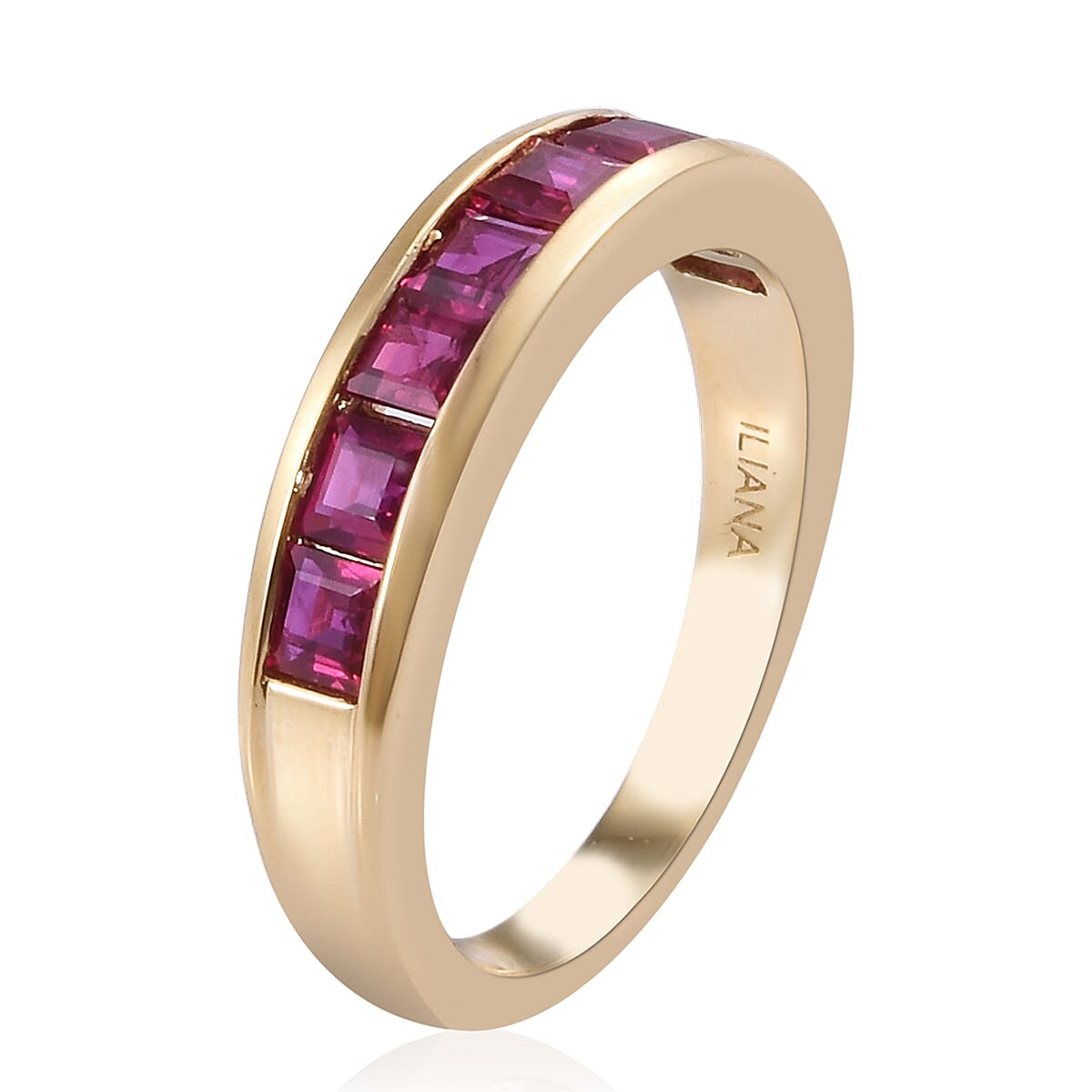 ILIANA 18K Yellow Gold AAAA Ruby (Princess Cut) Half Eternity Band Ring 1.500  Ct.
