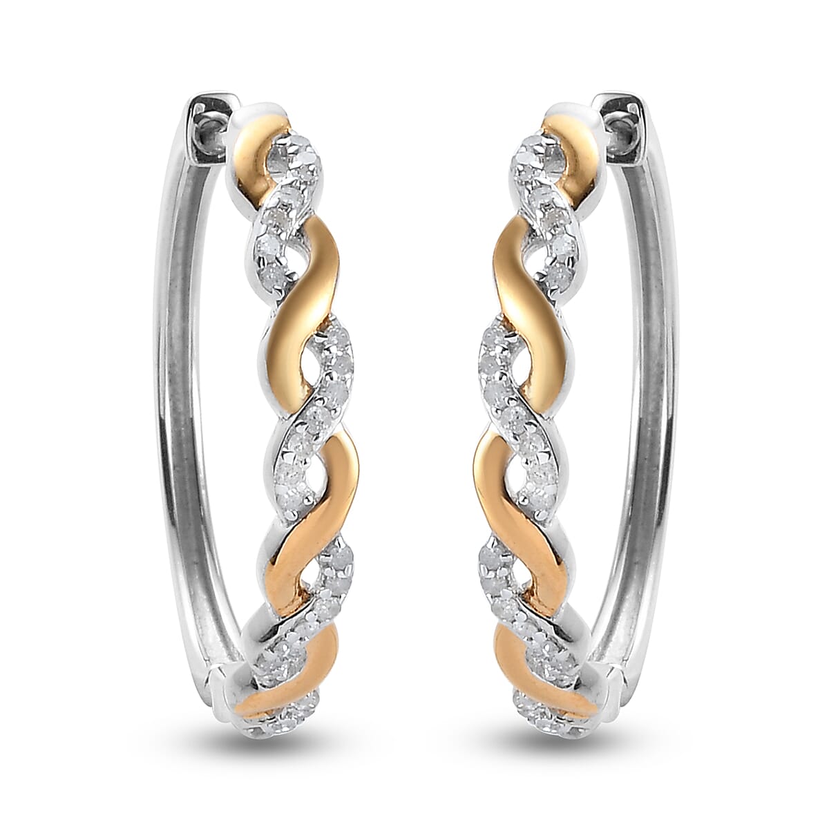 Diamond (Rnd) Hoop Earrings in Platinum and Yellow Gold Overlay Sterling Silver 0.2 Ct.