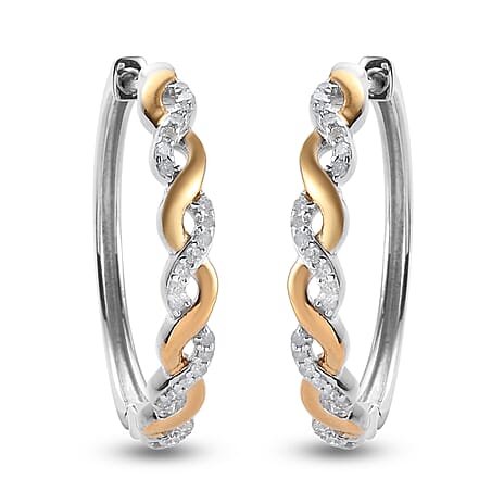 Diamond (Rnd) Hoop Earrings in Platinum and Yellow Gold Overlay Sterling Silver 0.2 Ct.