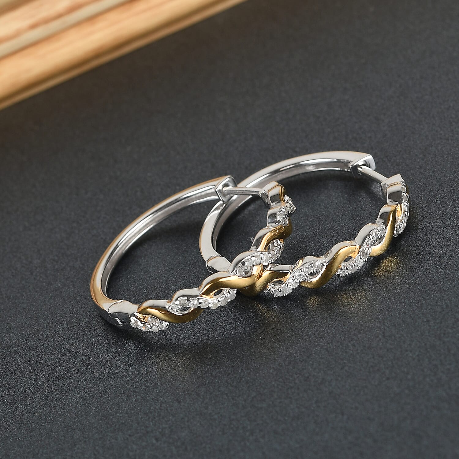 Diamond (Rnd) Hoop Earrings in Platinum and Yellow Gold Overlay Sterling Silver 0.2 Ct.
