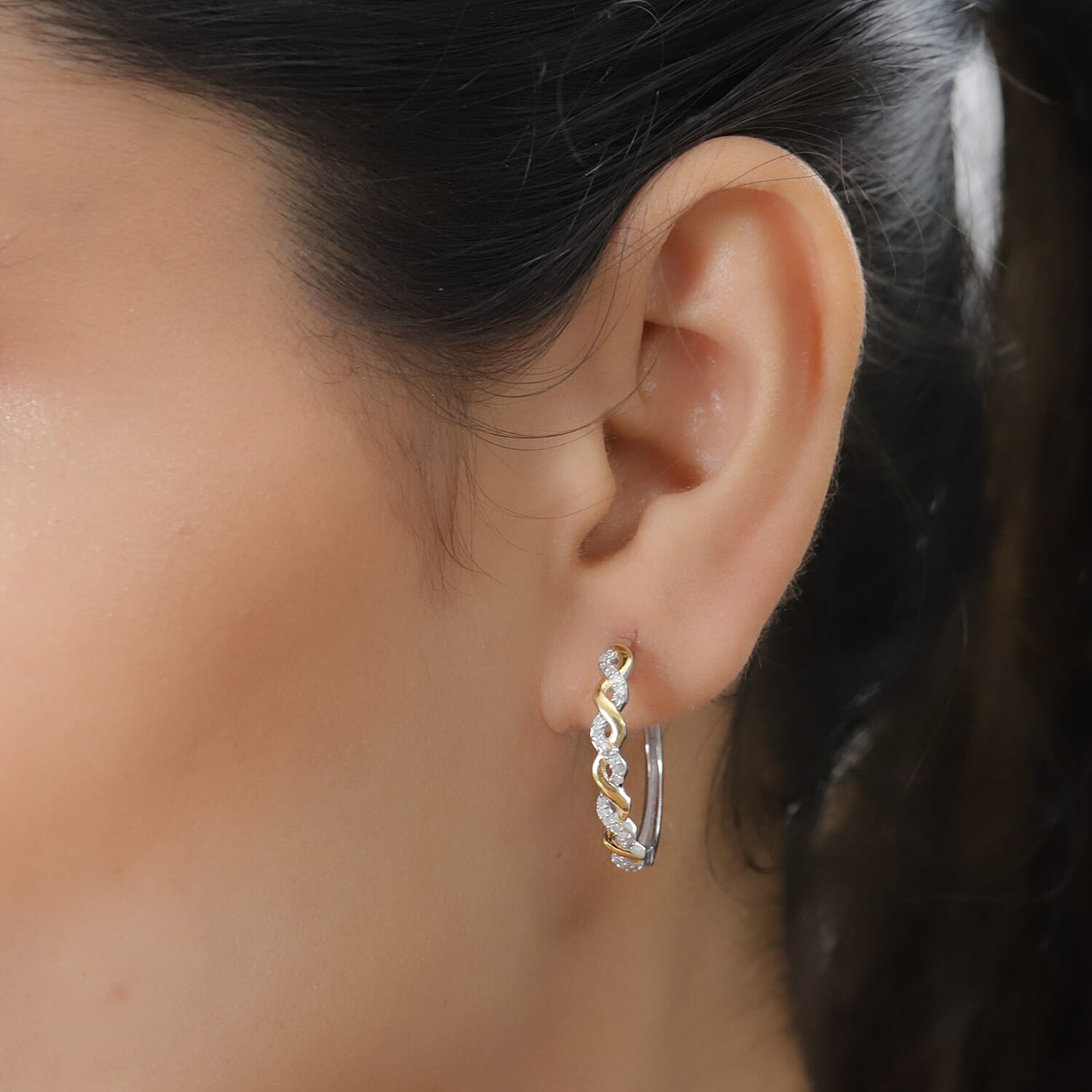 Diamond (Rnd) Hoop Earrings in Platinum and Yellow Gold Overlay Sterling Silver 0.2 Ct.