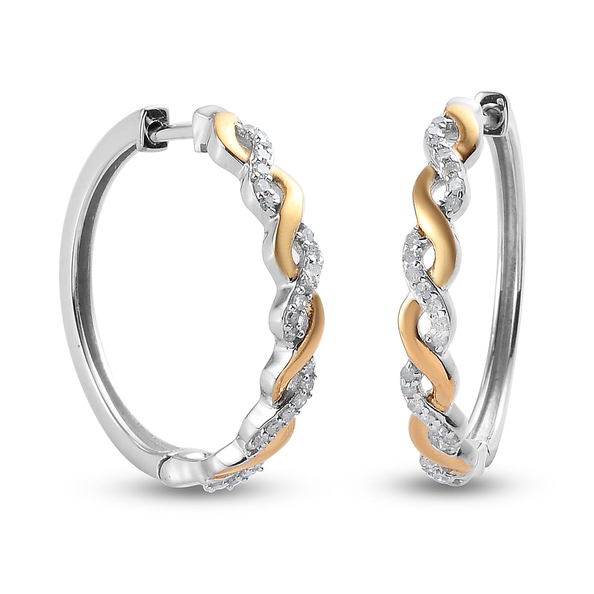 Diamond (Rnd) Hoop Earrings in Platinum and Yellow Gold Overlay Sterling Silver 0.2 Ct.