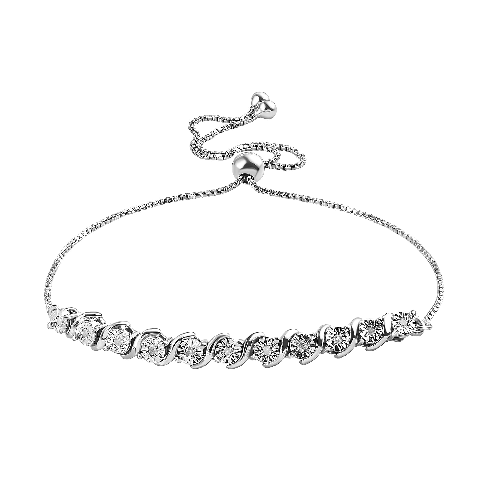 Diamond (Rnd) Adjustable Bolo Bracelet (Size 9.5) in Platinum Overlay Sterling Silver 0.150 Ct.
