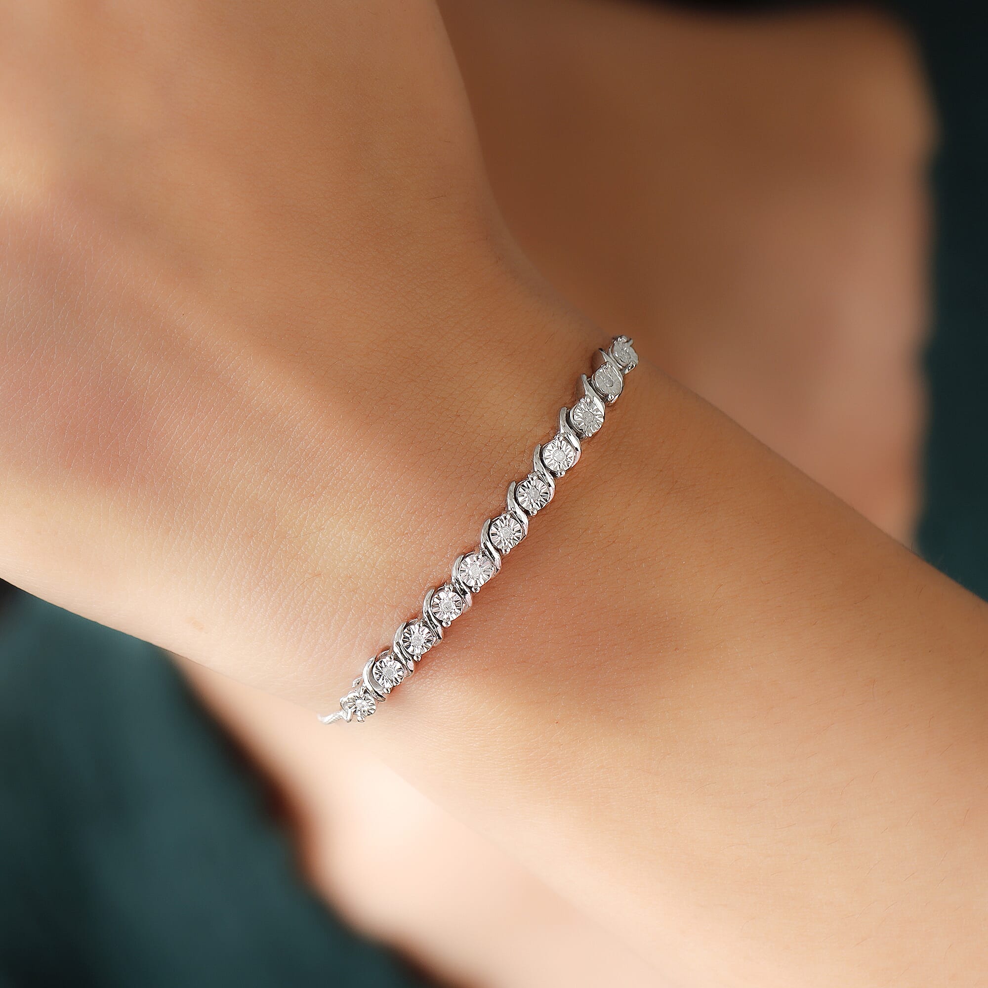 Diamond (Rnd) Adjustable Bolo Bracelet (Size 9.5) in Platinum Overlay Sterling Silver 0.150 Ct.