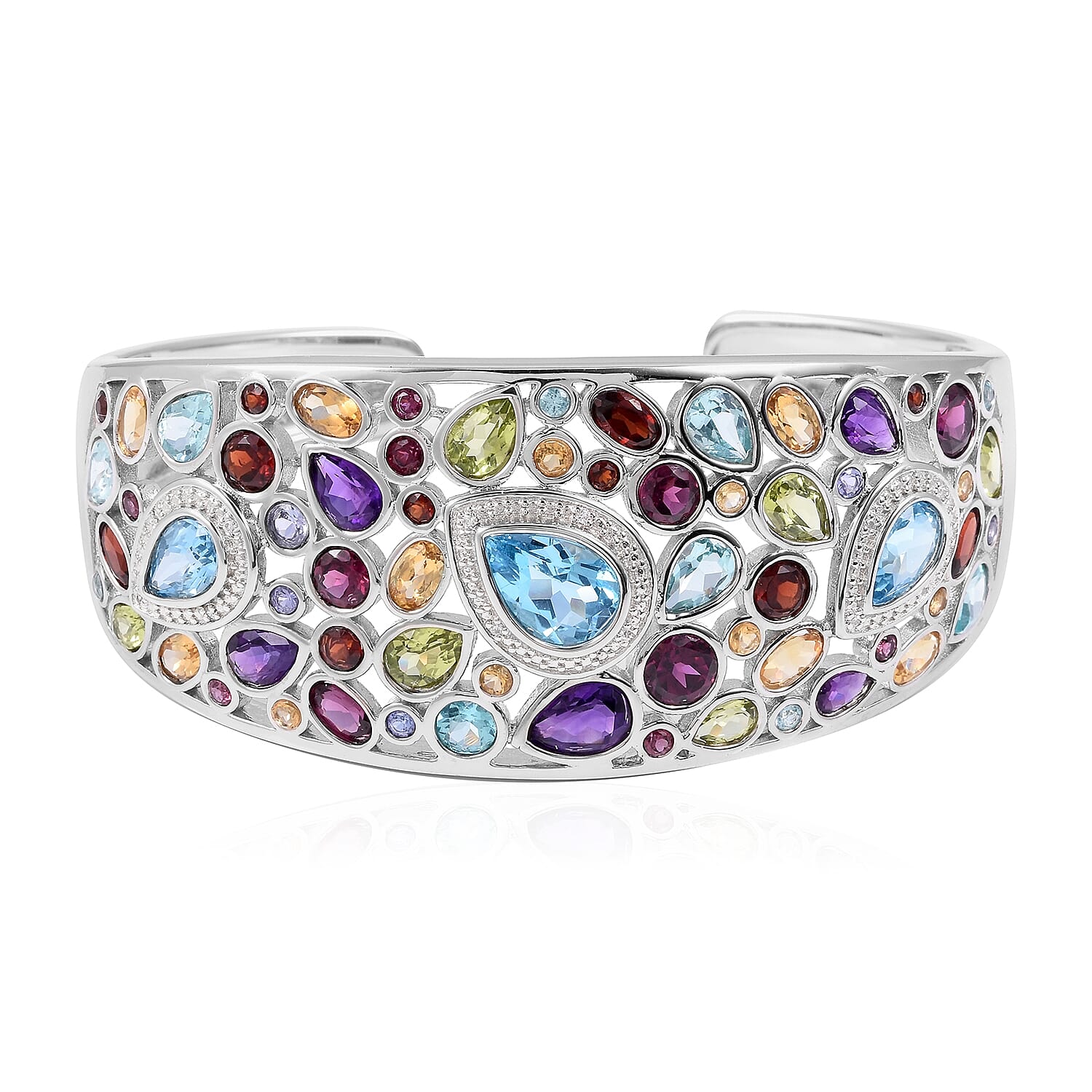 Tanzanite (Rnd), Multi Gemstone Bangle (Size 7) in Rhodium Overlay Sterling Silver 25.110 Ct, Silver wt 30.00 Gms
