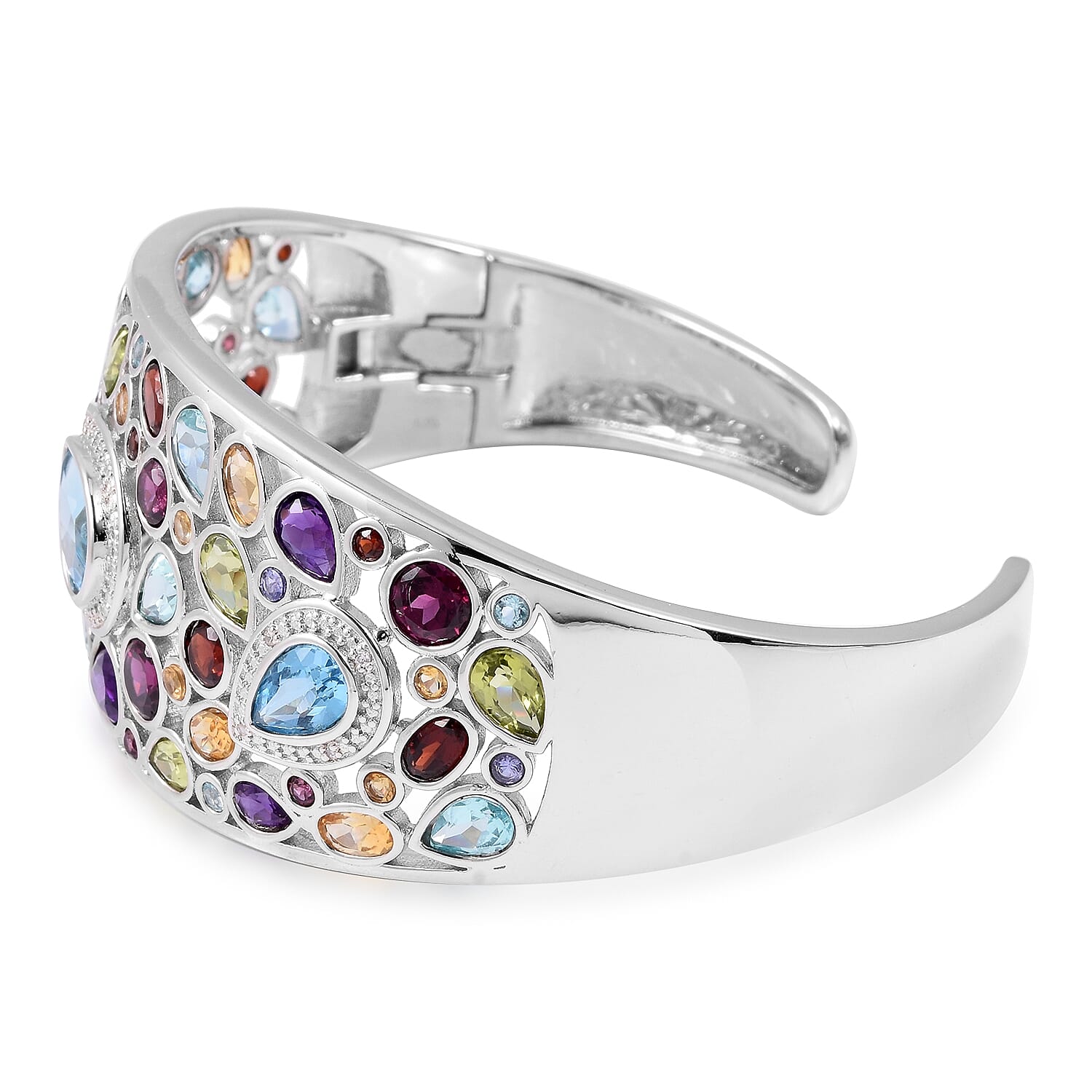 Tanzanite (Rnd), Multi Gemstone Bangle (Size 7) in Rhodium Overlay Sterling Silver 25.110 Ct, Silver wt 30.00 Gms