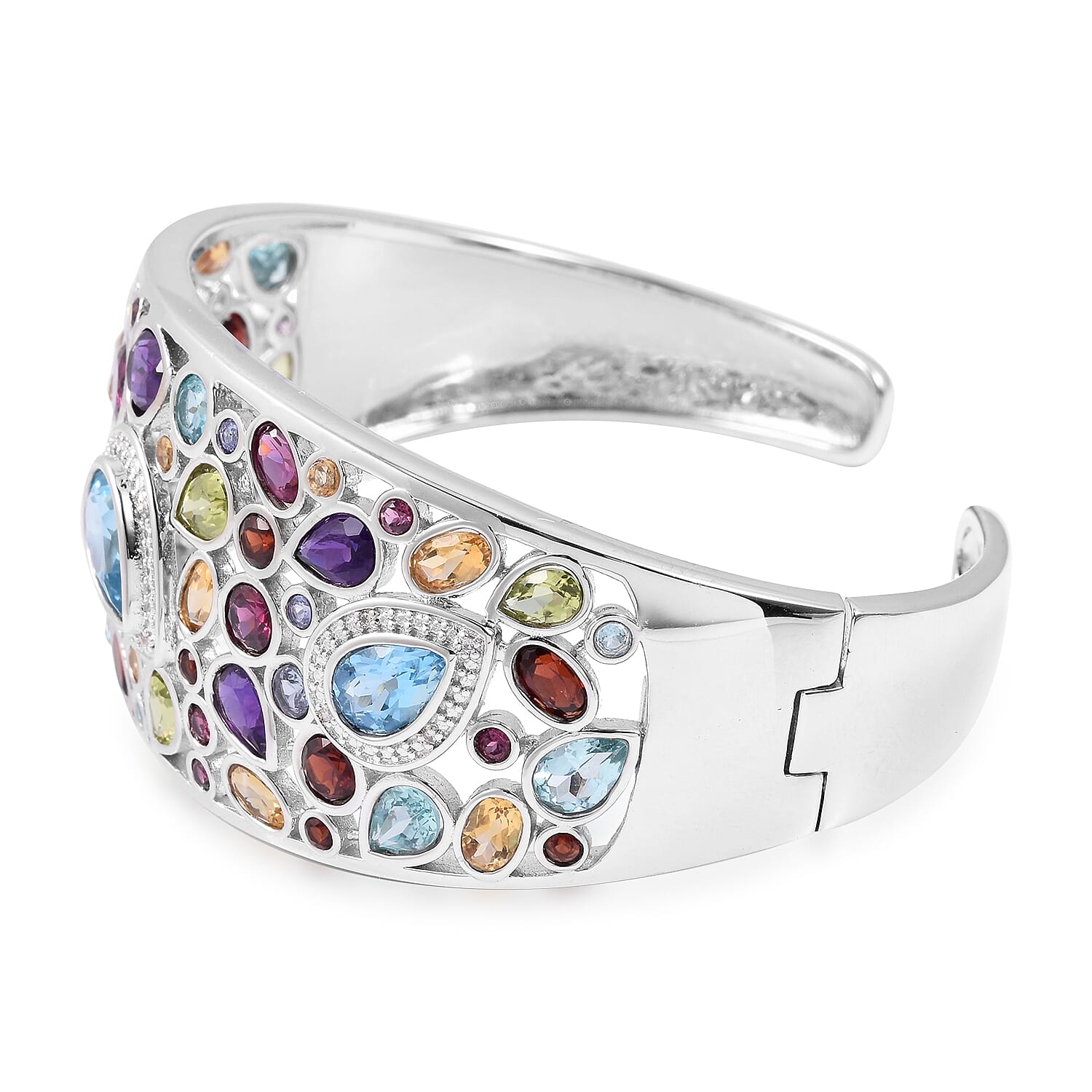 Tanzanite (Rnd), Multi Gemstone Bangle (Size 7) in Rhodium Overlay Sterling Silver 25.110 Ct, Silver wt 30.00 Gms
