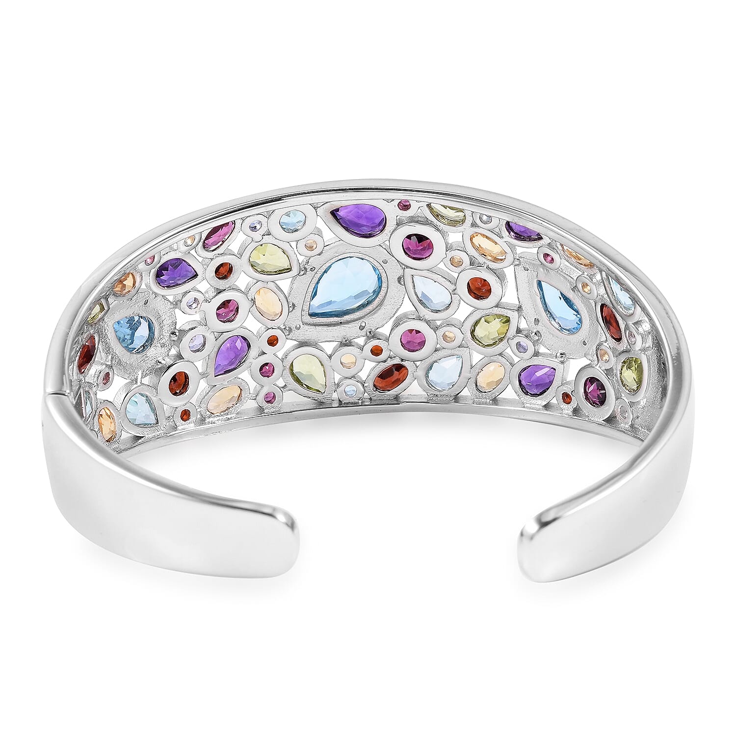 Tanzanite (Rnd), Multi Gemstone Bangle (Size 7) in Rhodium Overlay Sterling Silver 25.110 Ct, Silver wt 30.00 Gms
