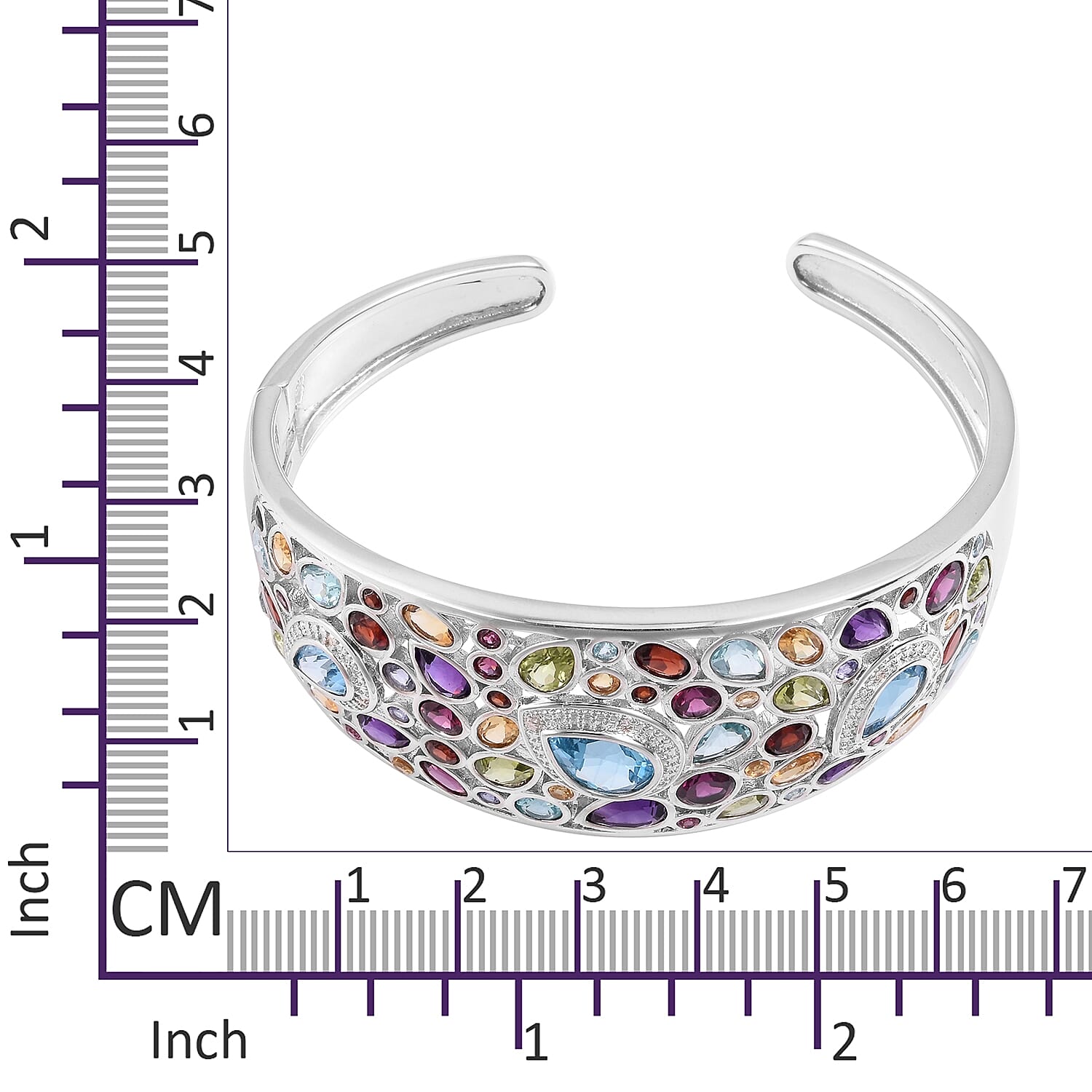 Tanzanite (Rnd), Multi Gemstone Bangle (Size 7) in Rhodium Overlay Sterling Silver 25.110 Ct, Silver wt 30.00 Gms