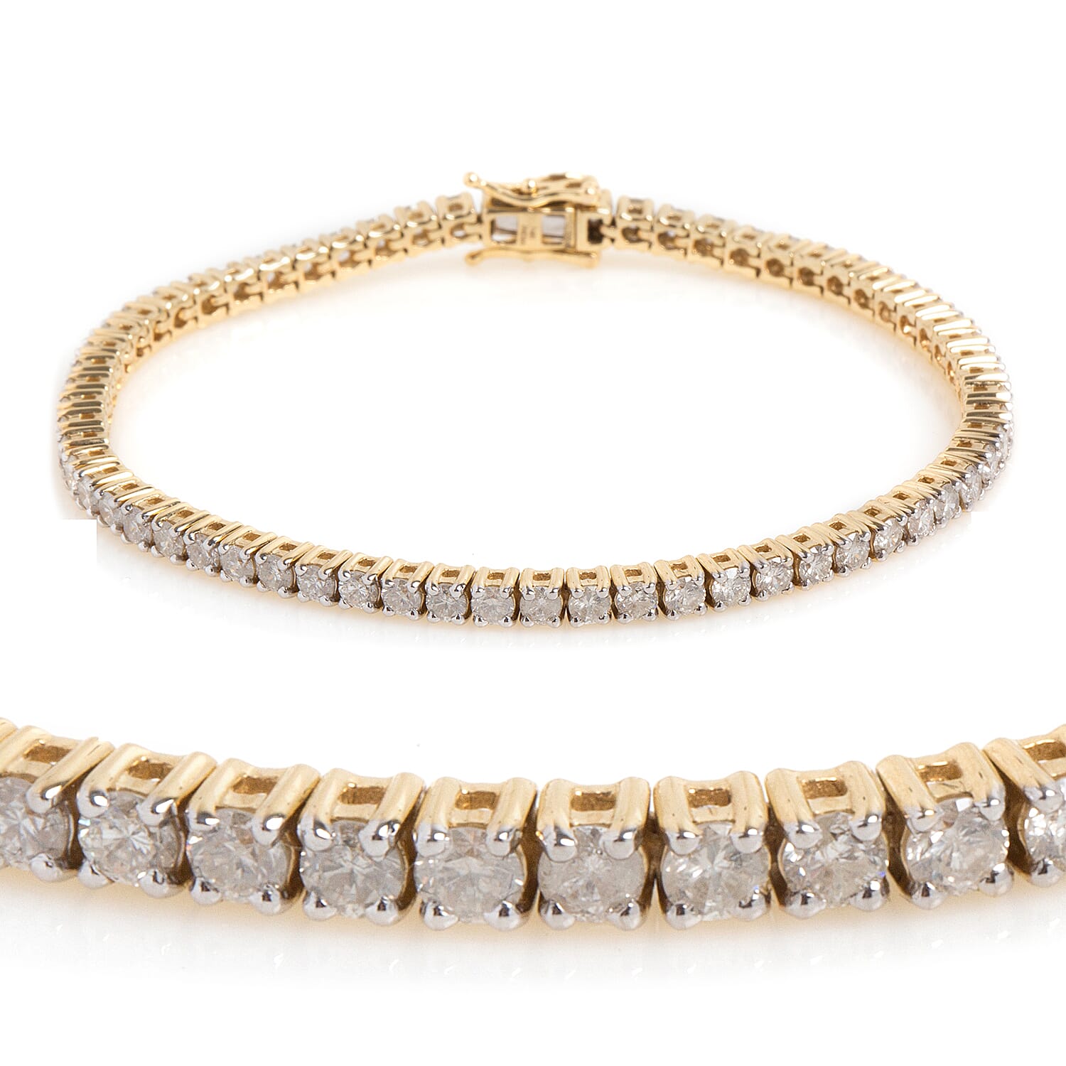 New York Close Out 14K Yellow Gold Diamond (Rnd) (I2/G-H) Bracelet (Size 7.25) 5.000 Ct, Gold wt 13.00 Gms.