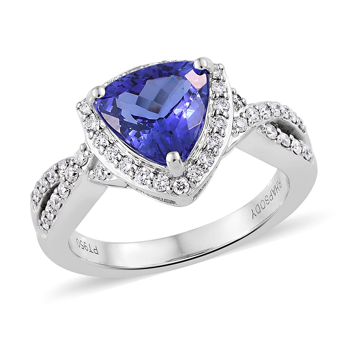 RHAPSODY 950 Platinum Super Rare AAAA Tanzanite (Trillion 8 mm 1.750 Ct), Diamond (VS/F) Ring 2.050 Ct, Platinum wt 6.40 Gms