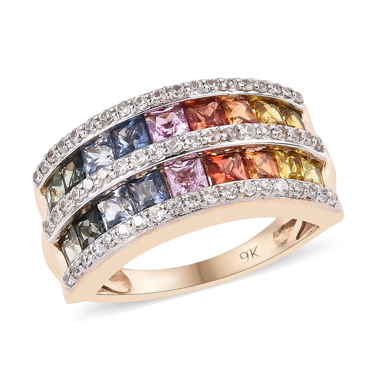9K Yellow Gold Rainbow Sapphire (Princess) and Natural Cambodian Zircon Ring 2.75 Ct.