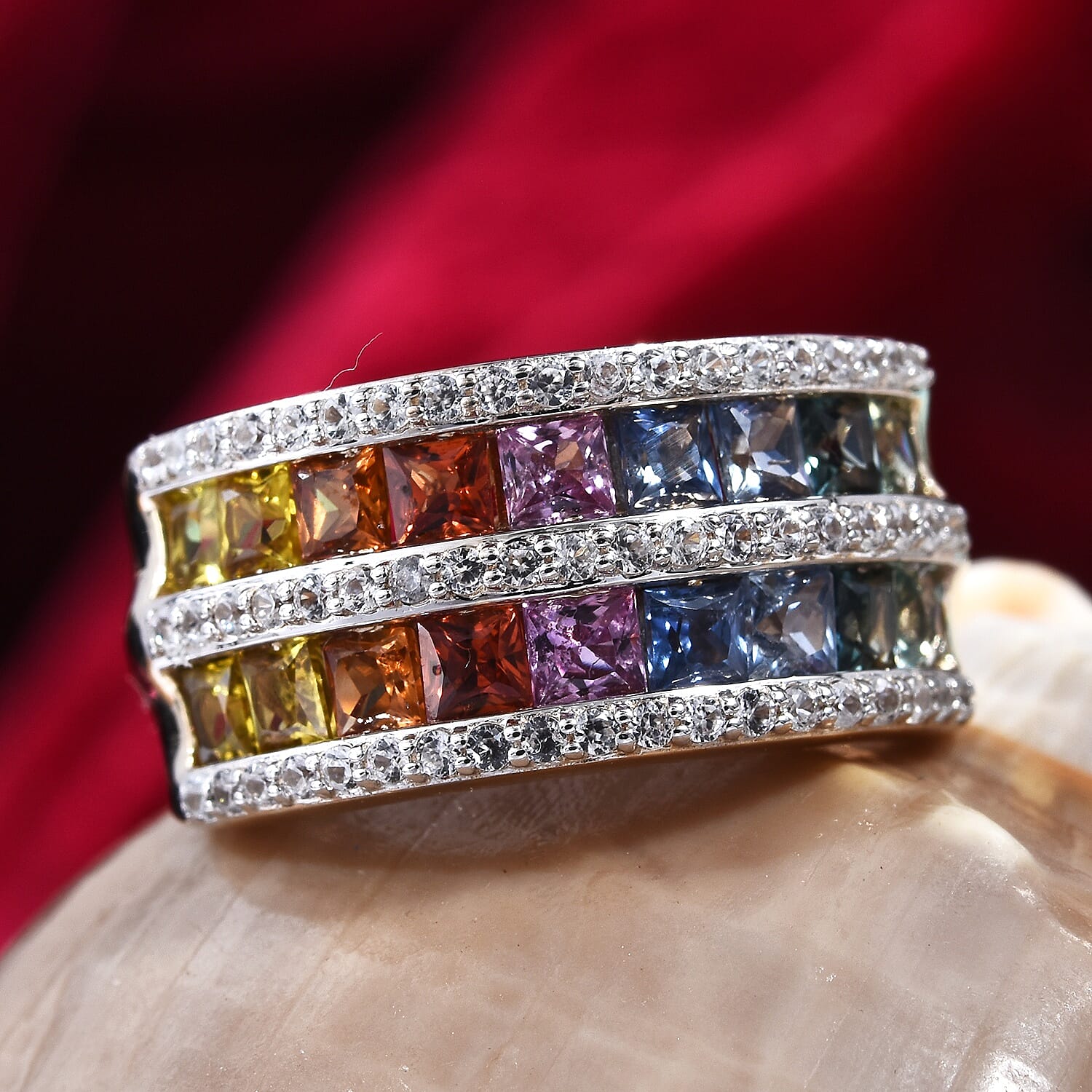 9K Yellow Gold Rainbow Sapphire (Princess) and Natural Cambodian Zircon Ring 2.75 Ct.