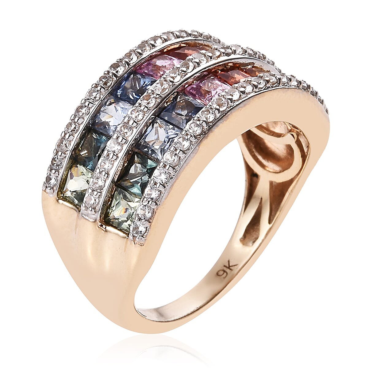 9K Yellow Gold Rainbow Sapphire (Princess) and Natural Cambodian Zircon Ring 2.75 Ct.