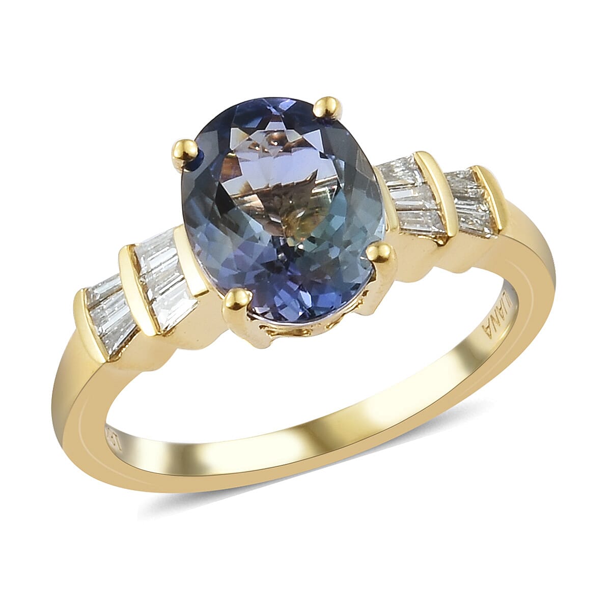 ILIANA 18K Yellow Gold AAA Peacock Tanzanite (Ovl 2.35 Ct), Diamond (SI/G-H) Ring 2.50 Ct.