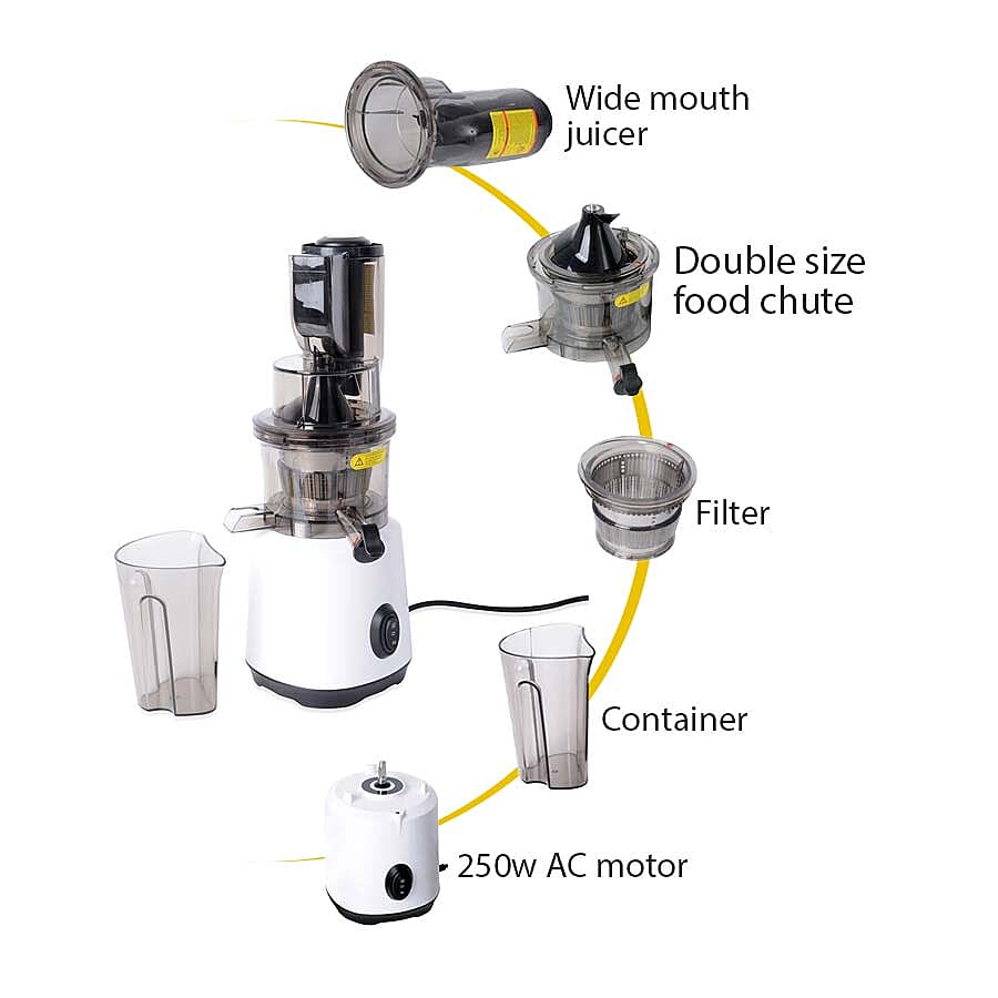 240W Wide Mouth Slow Juicer with a Container, a Fine Filter and a Cleaning Brush - White