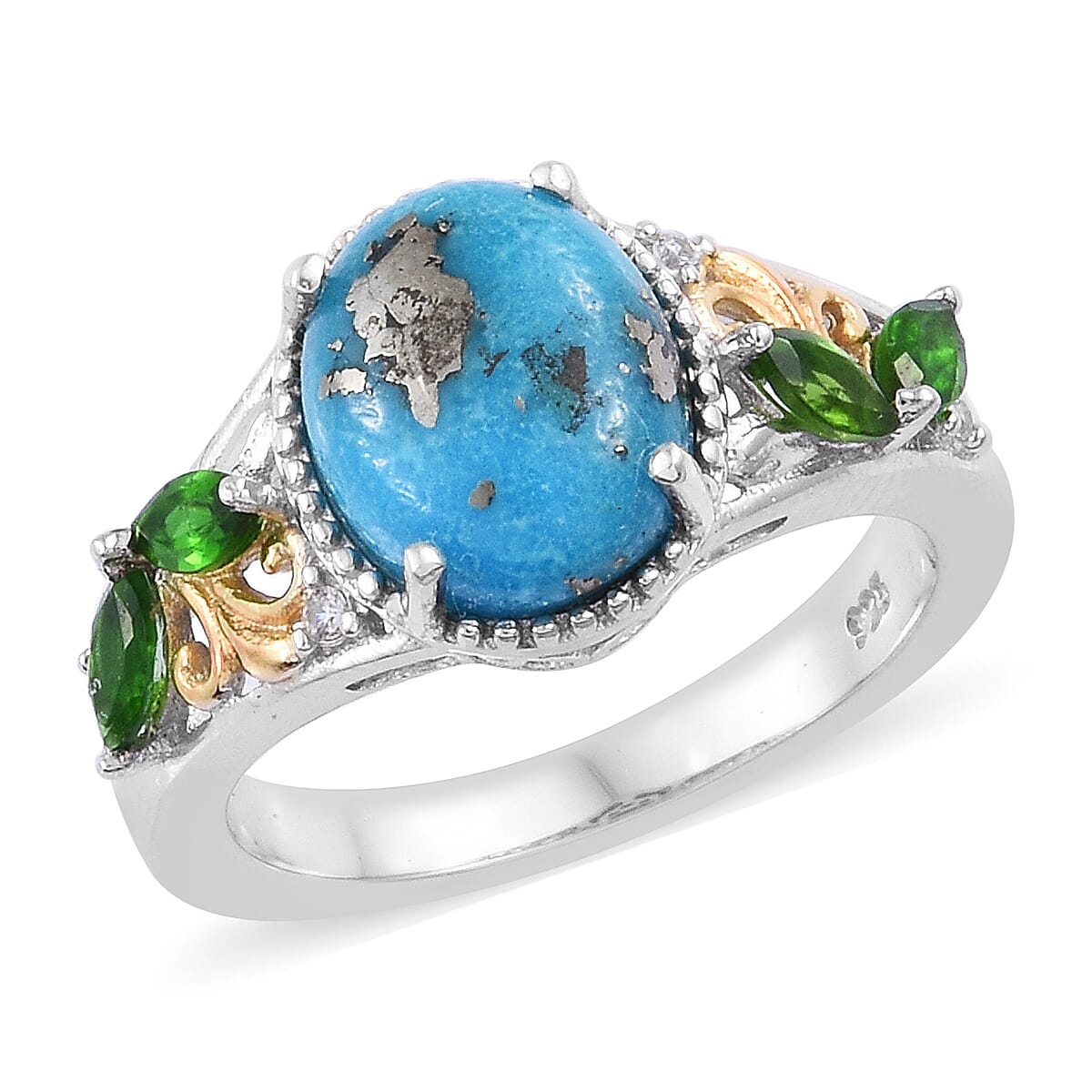 Persian Turquoise (Ovl 10x8 mm), Chrome Diopside and Natural Cambodian Zircon Ring in Sterling Silver 3.000 Ct.