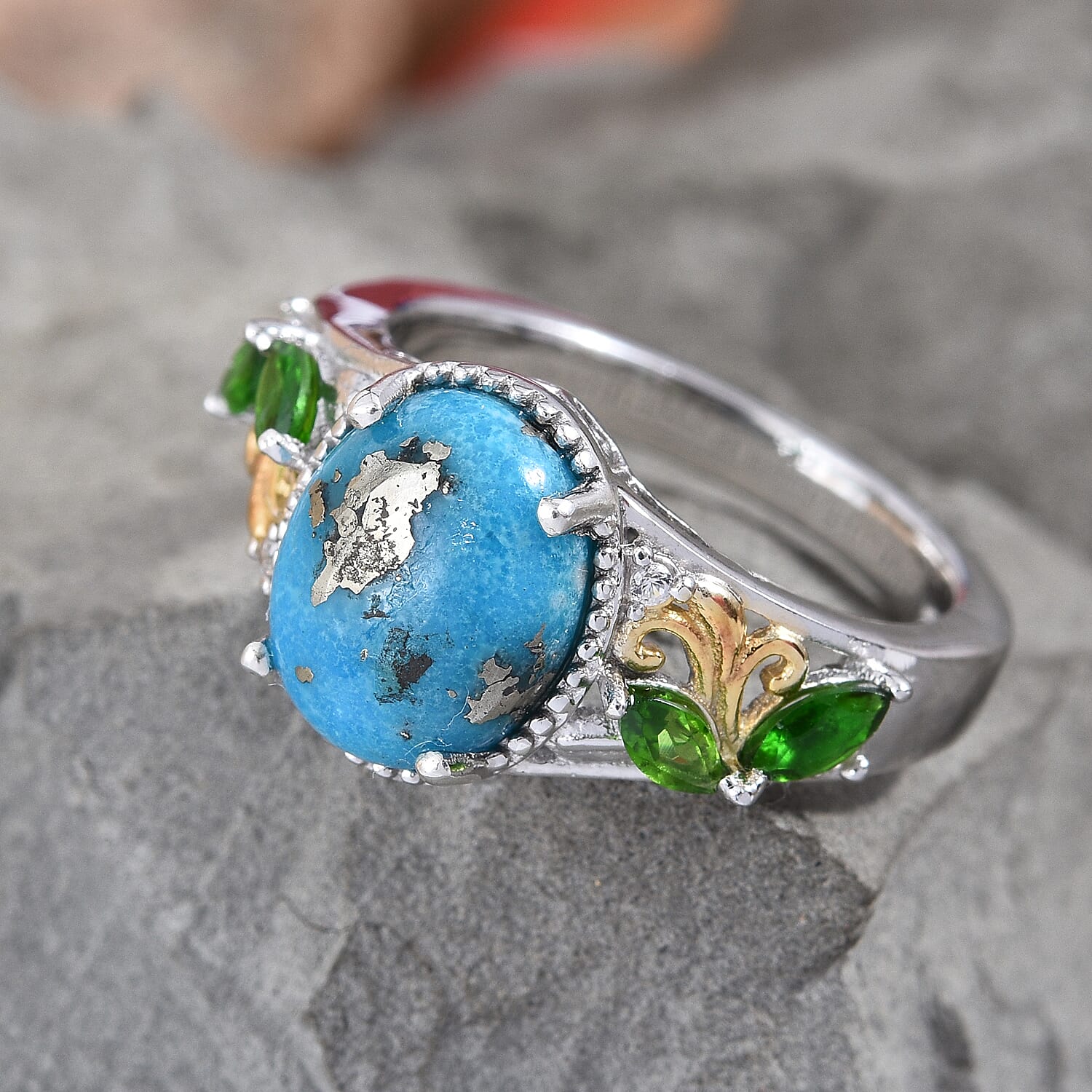 Persian Turquoise (Ovl 10x8 mm), Chrome Diopside and Natural Cambodian Zircon Ring in Sterling Silver 3.000 Ct.
