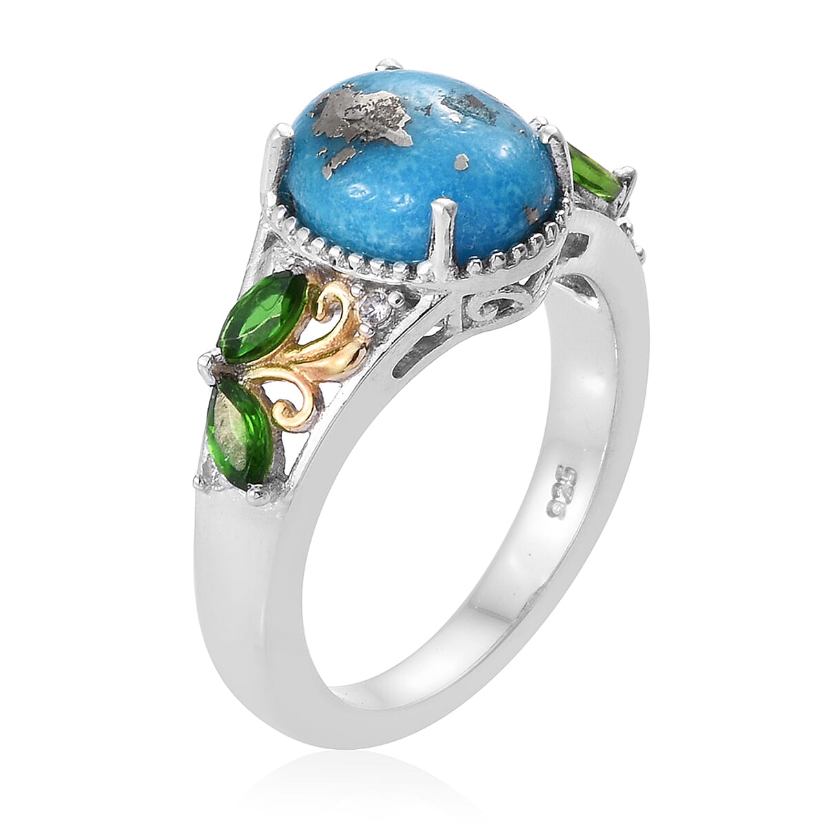 Persian Turquoise (Ovl 10x8 mm), Chrome Diopside and Natural Cambodian Zircon Ring in Sterling Silver 3.000 Ct.
