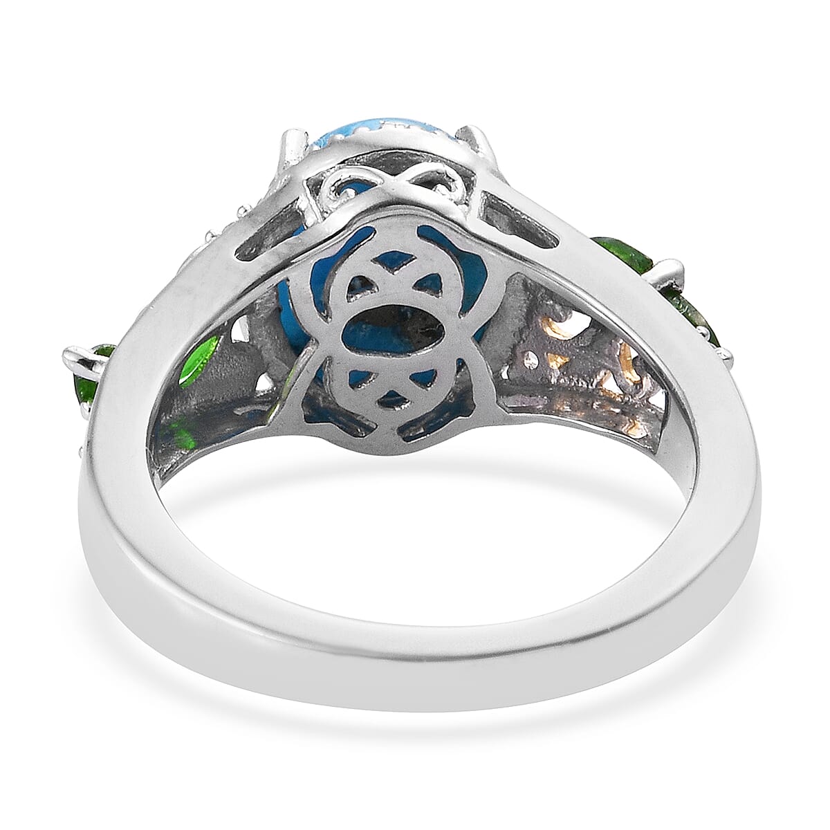 Persian Turquoise (Ovl 10x8 mm), Chrome Diopside and Natural Cambodian Zircon Ring in Sterling Silver 3.000 Ct.