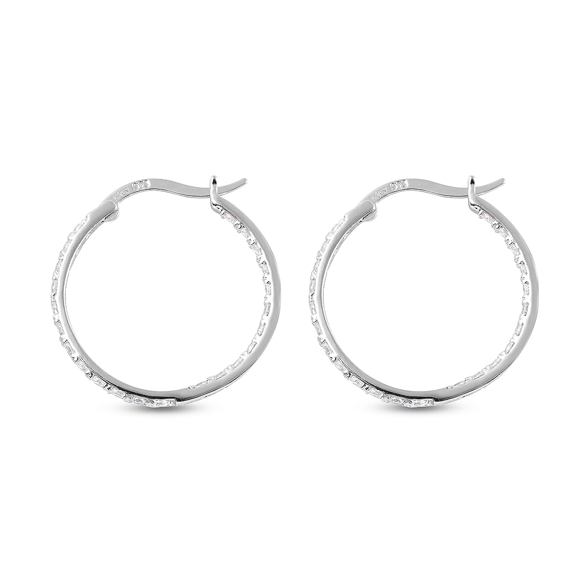 ELANZA Simulated Diamond Hoop Earrings (with Clasp) in Rhodium Overlay Sterling Silver
