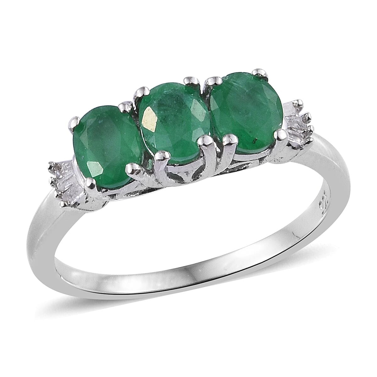 Premium Santa Terezinha Emerald (Ovl), Diamond Ring in Platinum Overlay Sterling Silver 1.000 Ct.