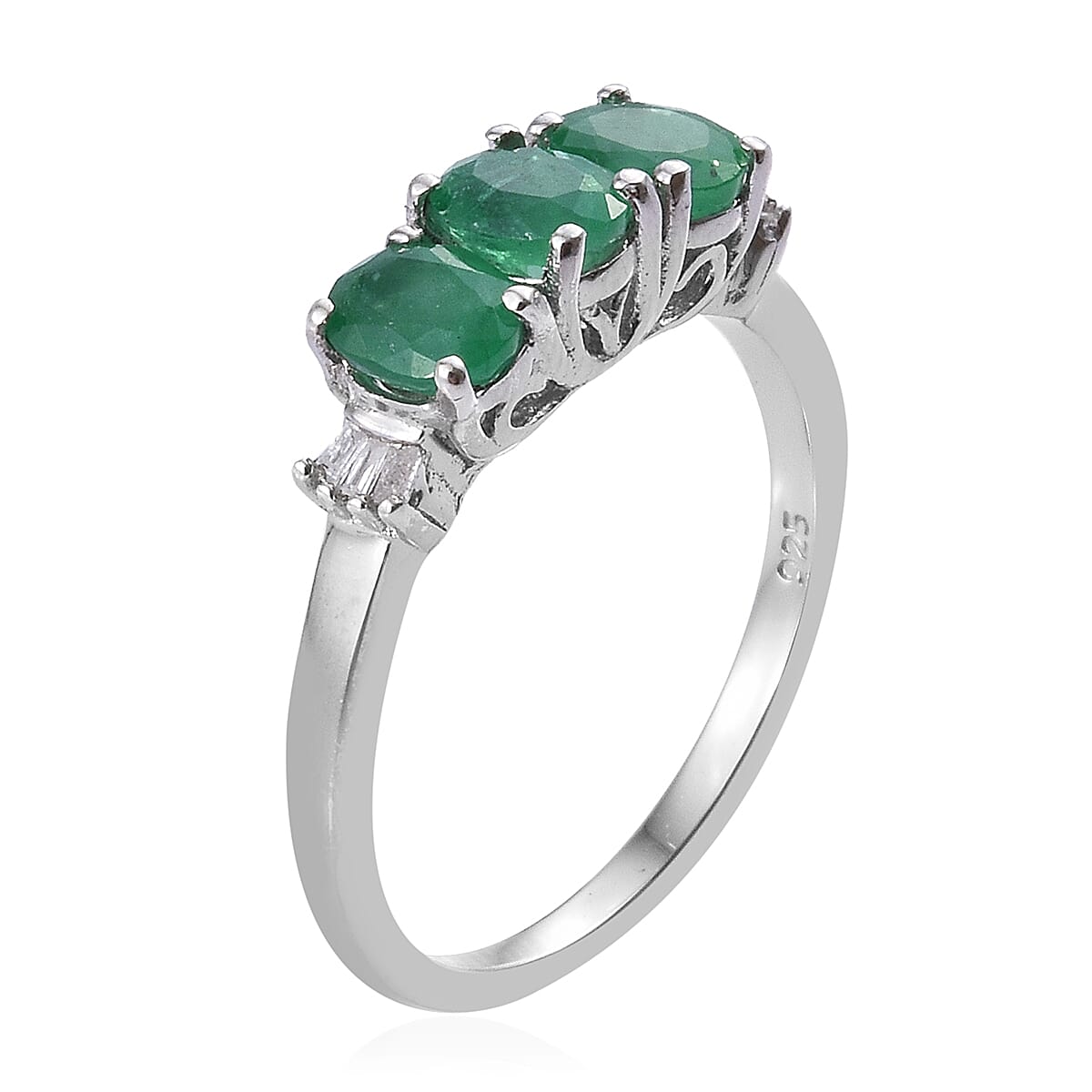 Premium Santa Terezinha Emerald (Ovl), Diamond Ring in Platinum Overlay Sterling Silver 1.000 Ct.