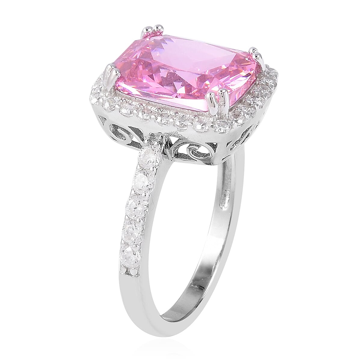 ELANZA Simulated Pink Sapphire (Cush 11x9 mm), Simulated Diamond Ring in Rhodium Overlay Sterling Silver