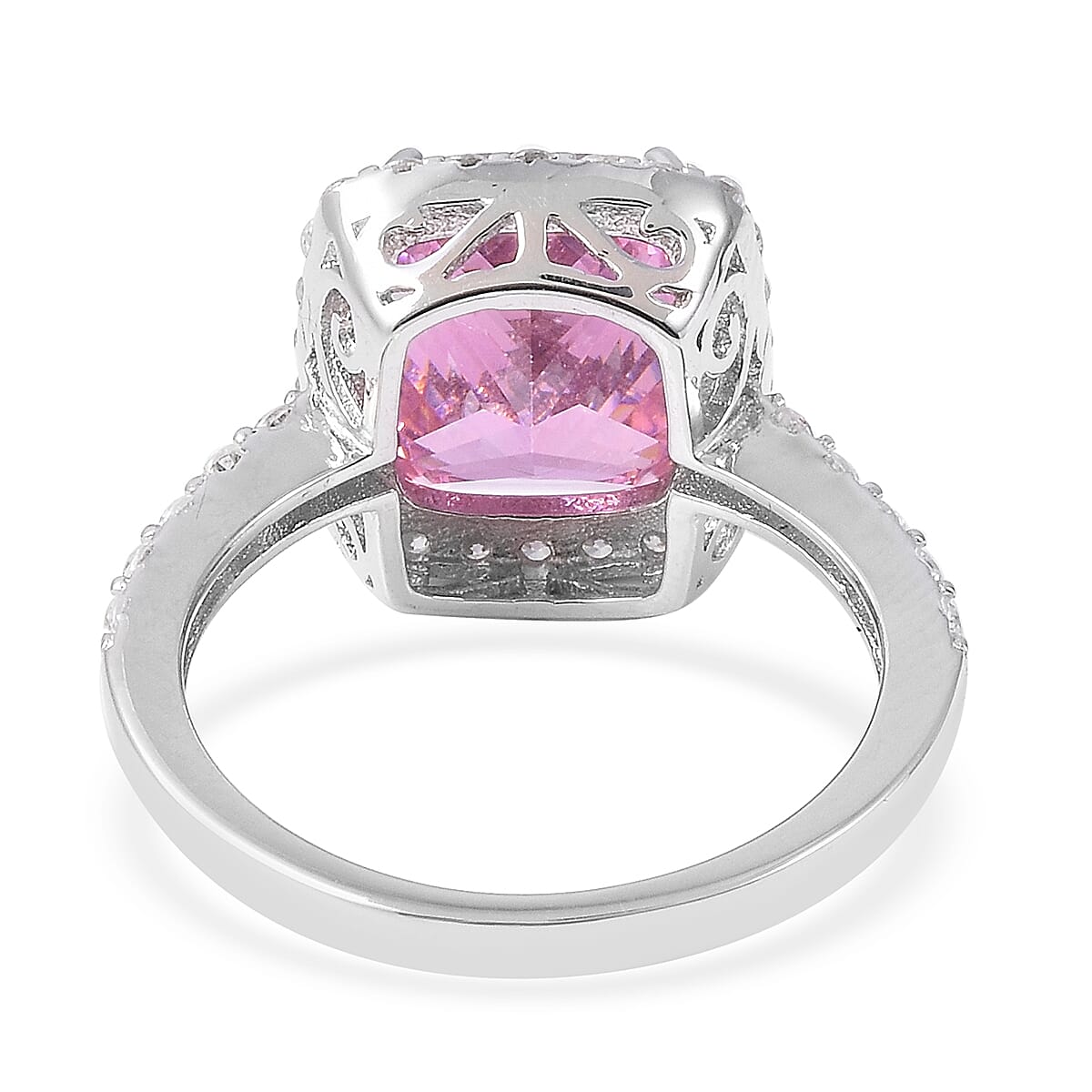 ELANZA Simulated Pink Sapphire (Cush 11x9 mm), Simulated Diamond Ring in Rhodium Overlay Sterling Silver
